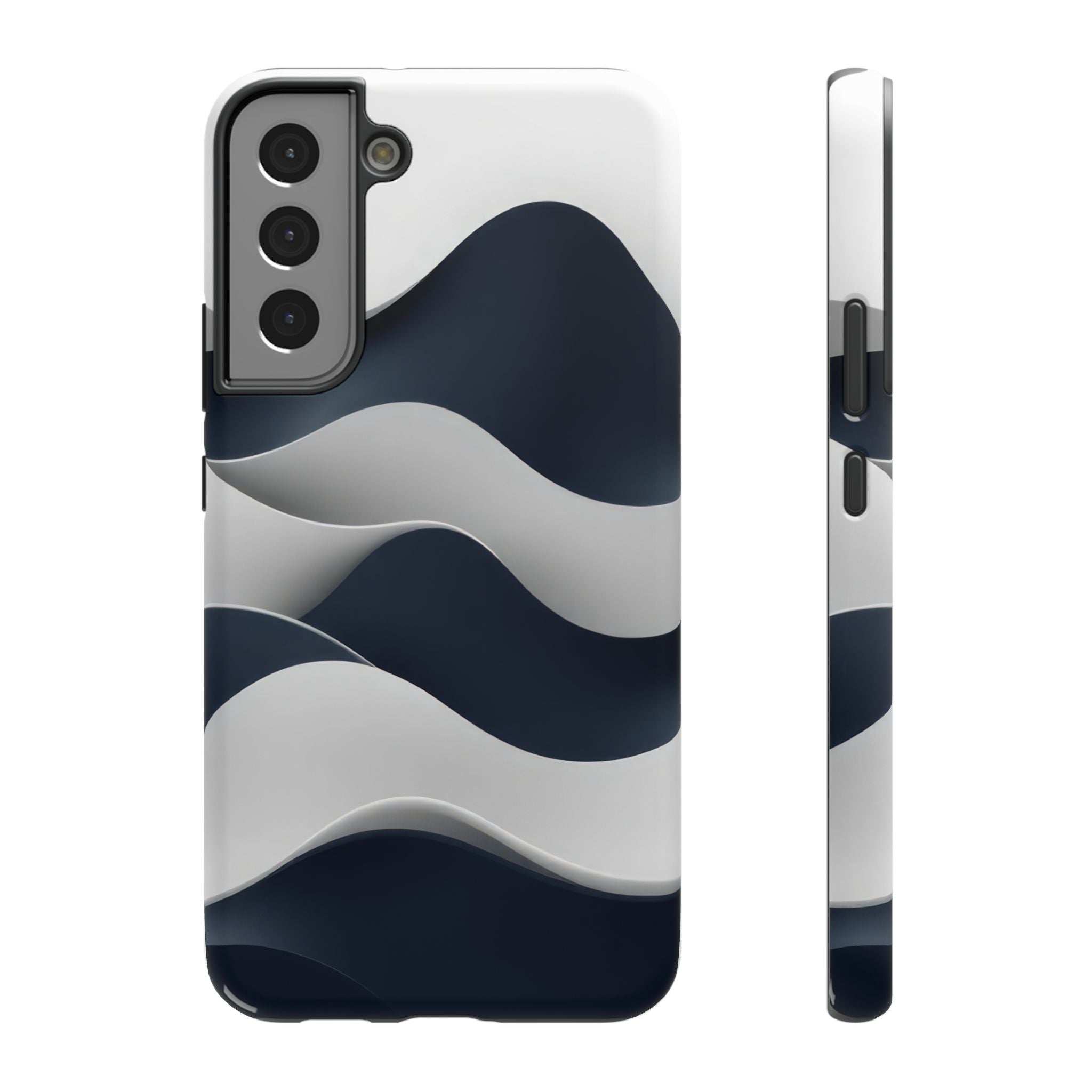Glossy phone case with navy and white wave pattern; multi-camera cover and side button cutout