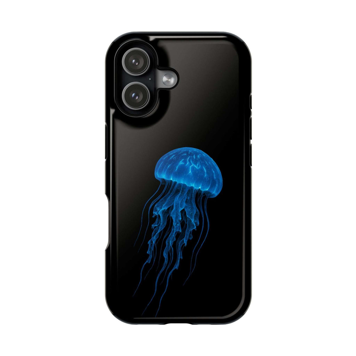 Glossy black phone case with blue jellyfish graphic and front camera cutouts