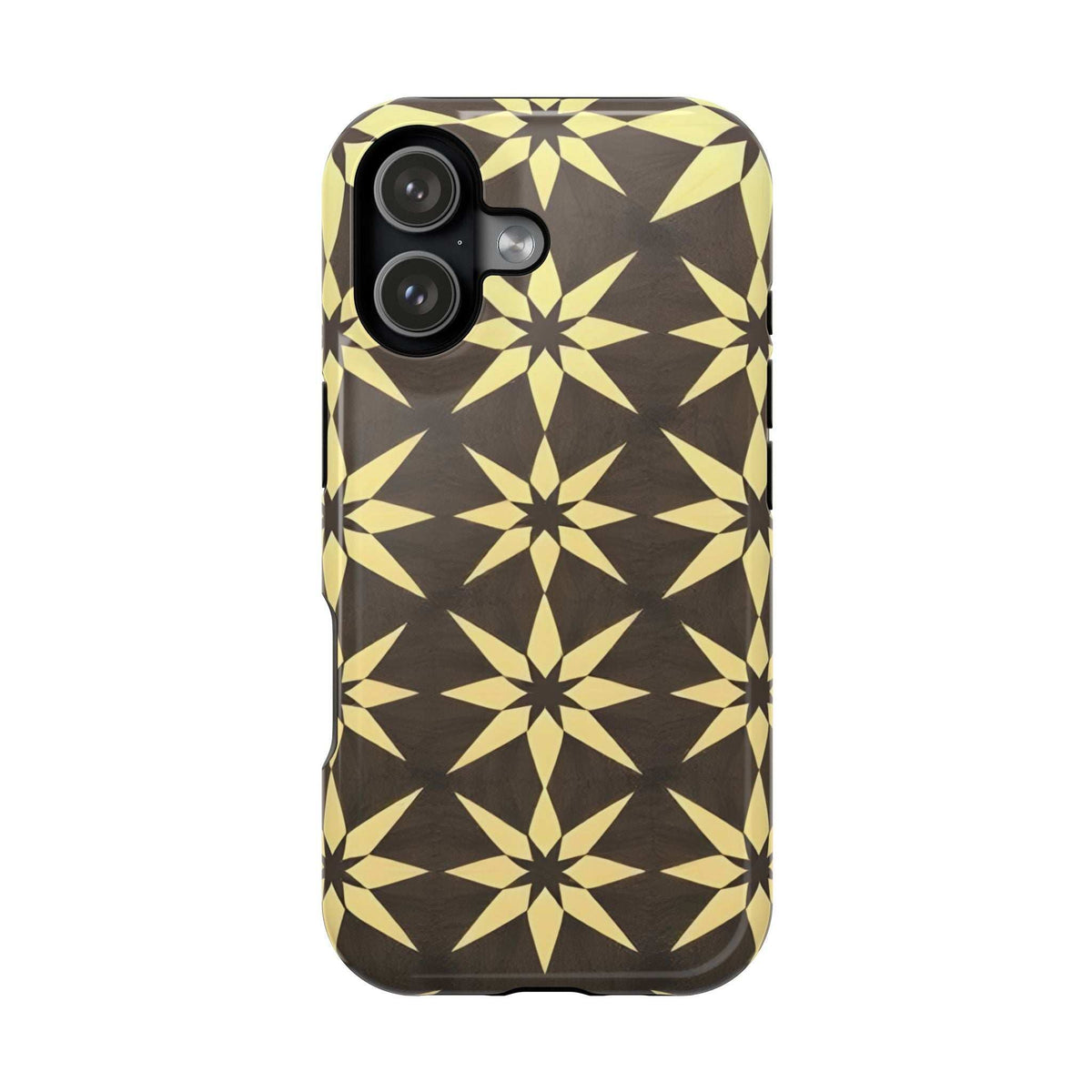 Phone case back with gold and black star geometric pattern, camera lenses and flash cutouts