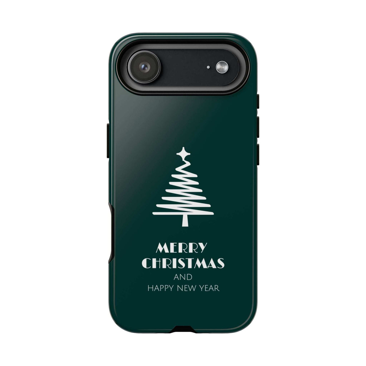 Dark green phone case with Christmas tree graphic, Merry Christmas text, and camera slot