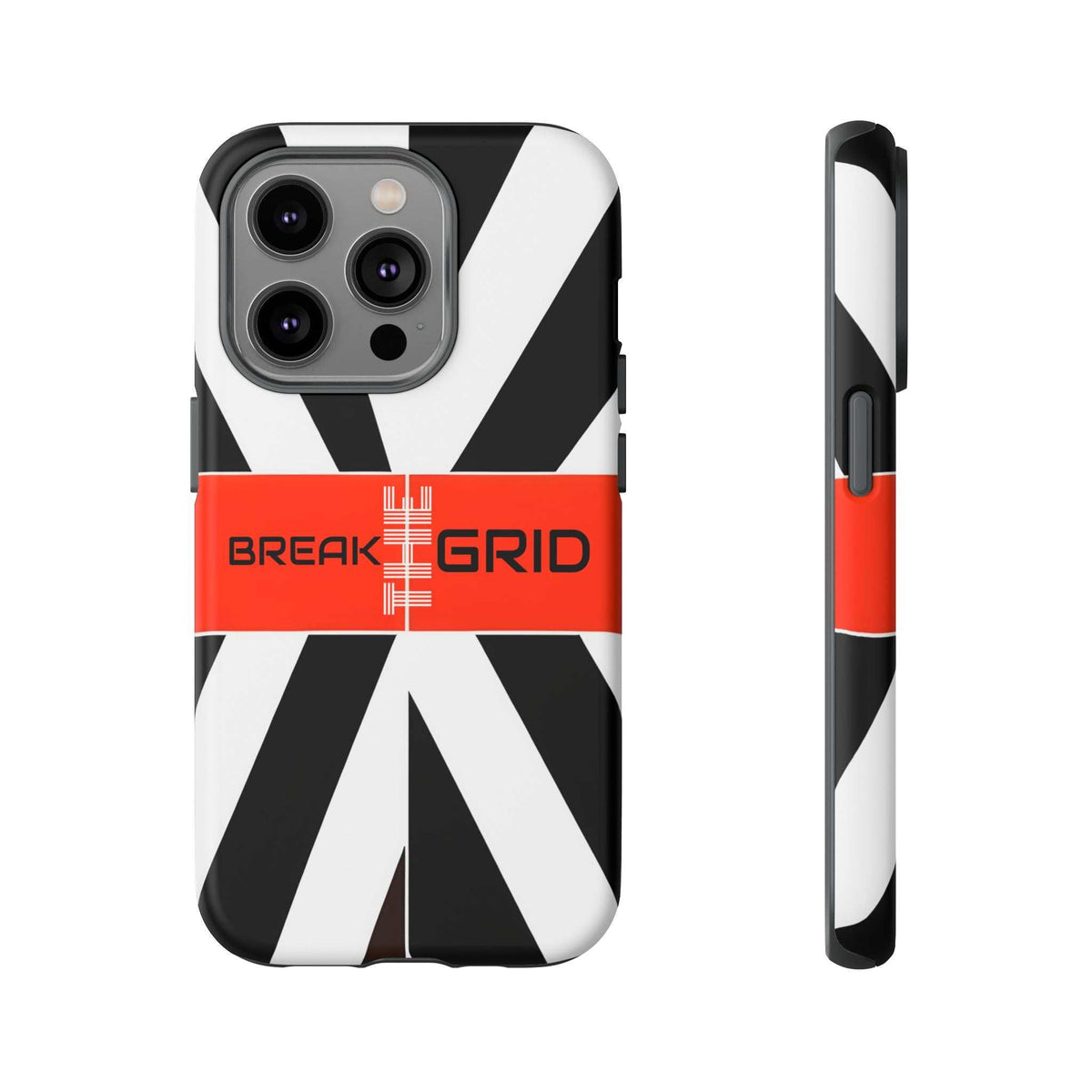 Phone case with black-and-white geometric stripes, red "Break Grid" band, front and side view.