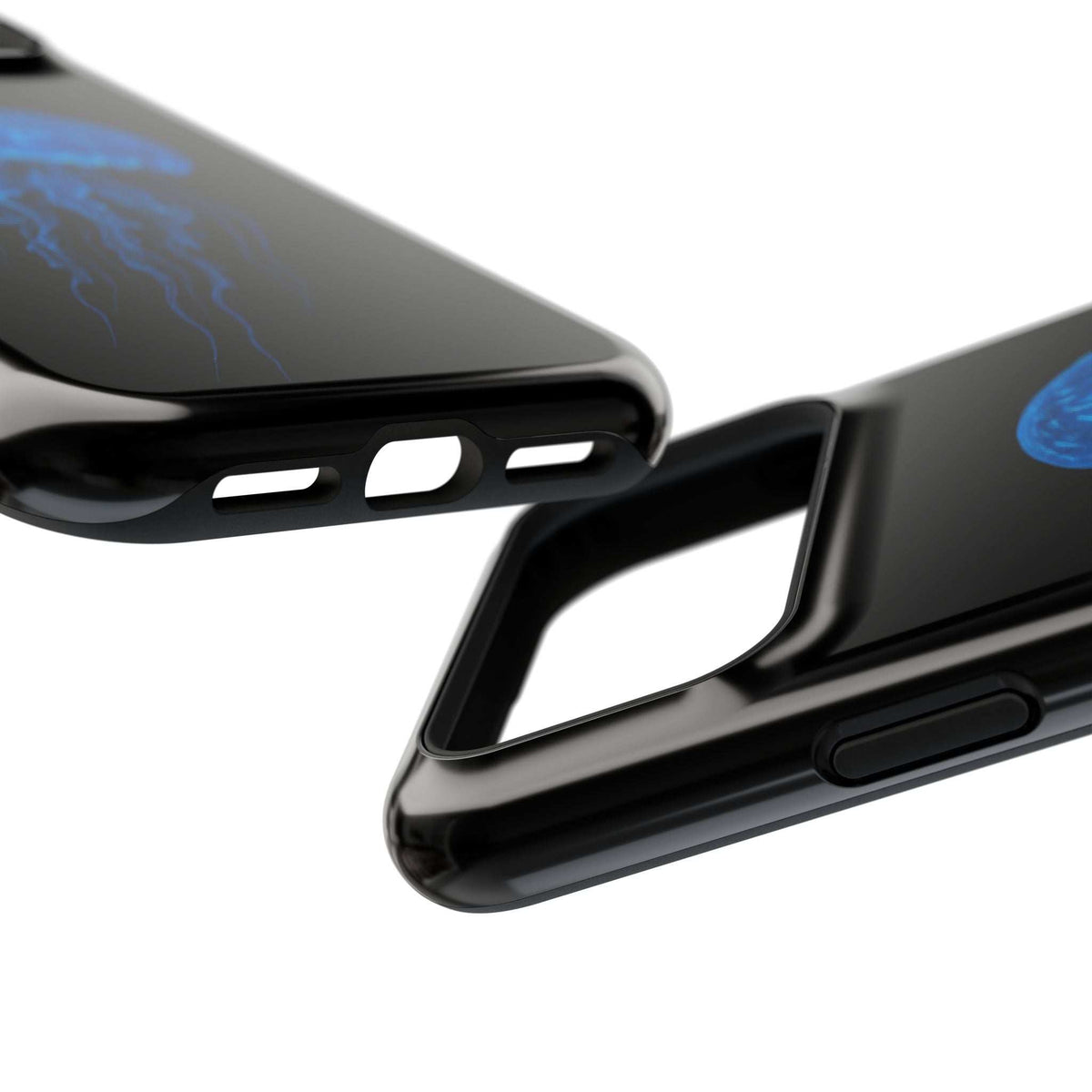 Black phone case with blue jellyfish print; side button and port cutouts.
