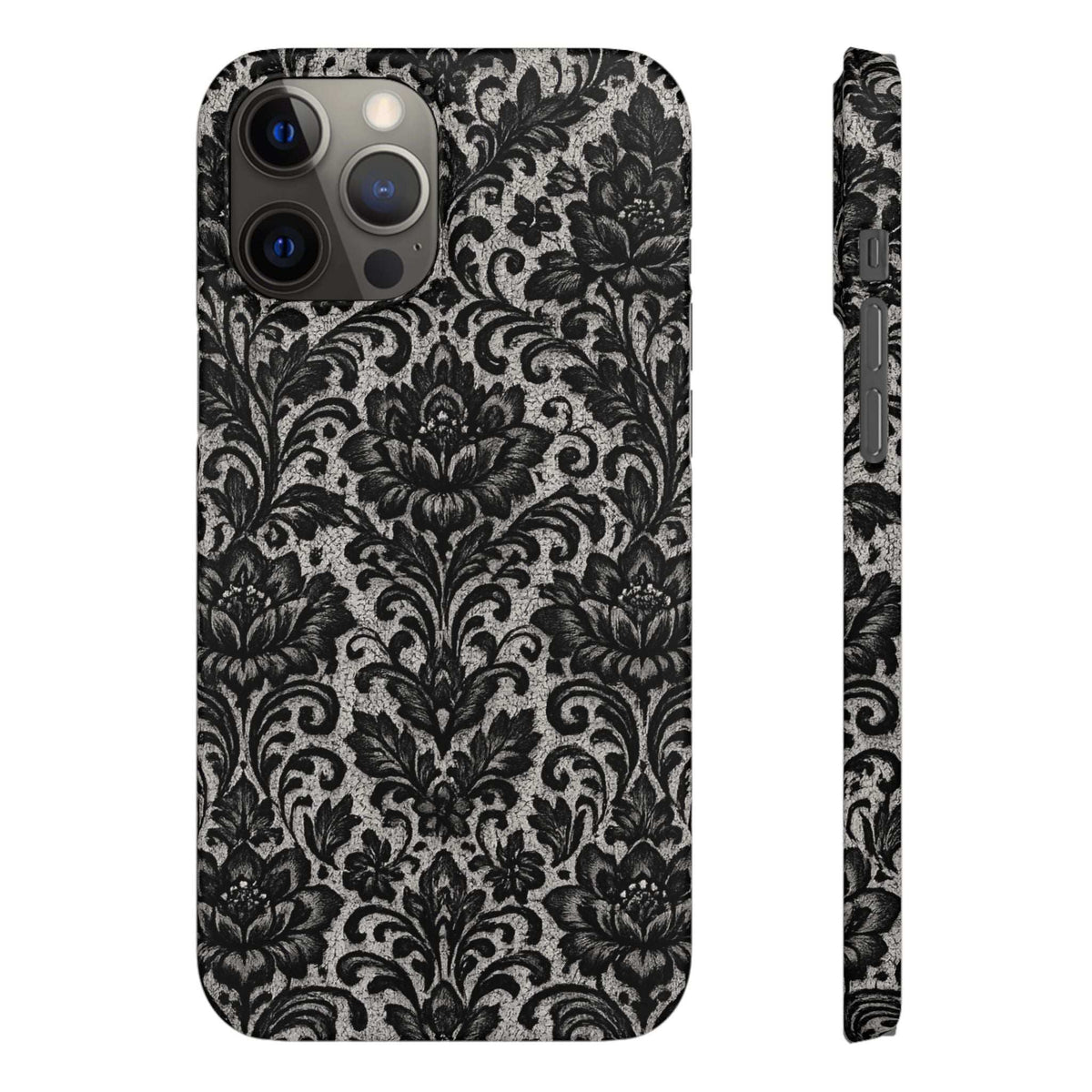 Black damask floral phone case with front camera openings and matching patterned edge
