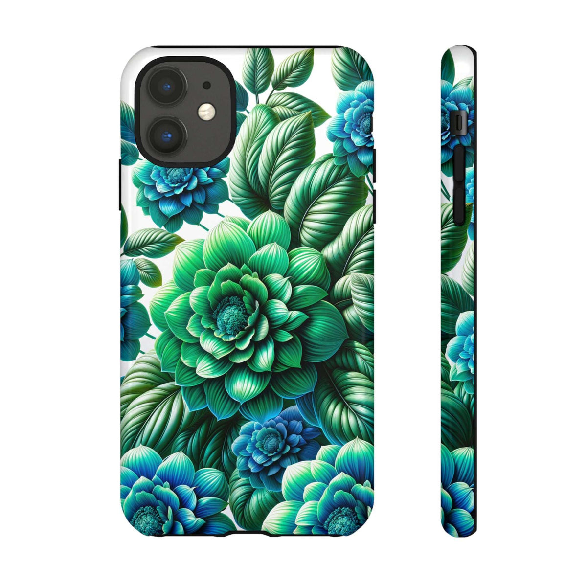 Green and blue floral phone case with camera openings and matching side profile