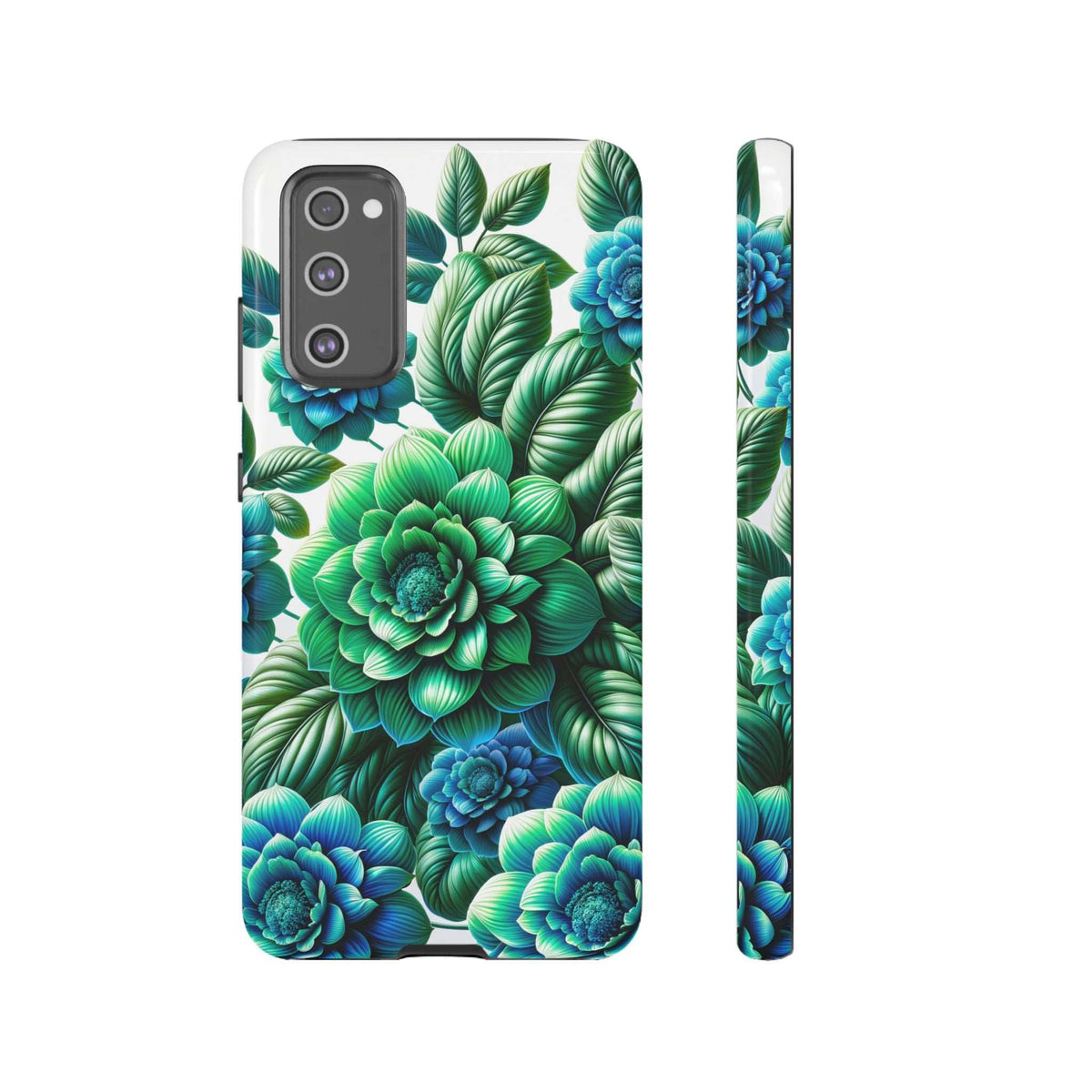 Green and blue floral phone case with tropical leaves, back view with camera module