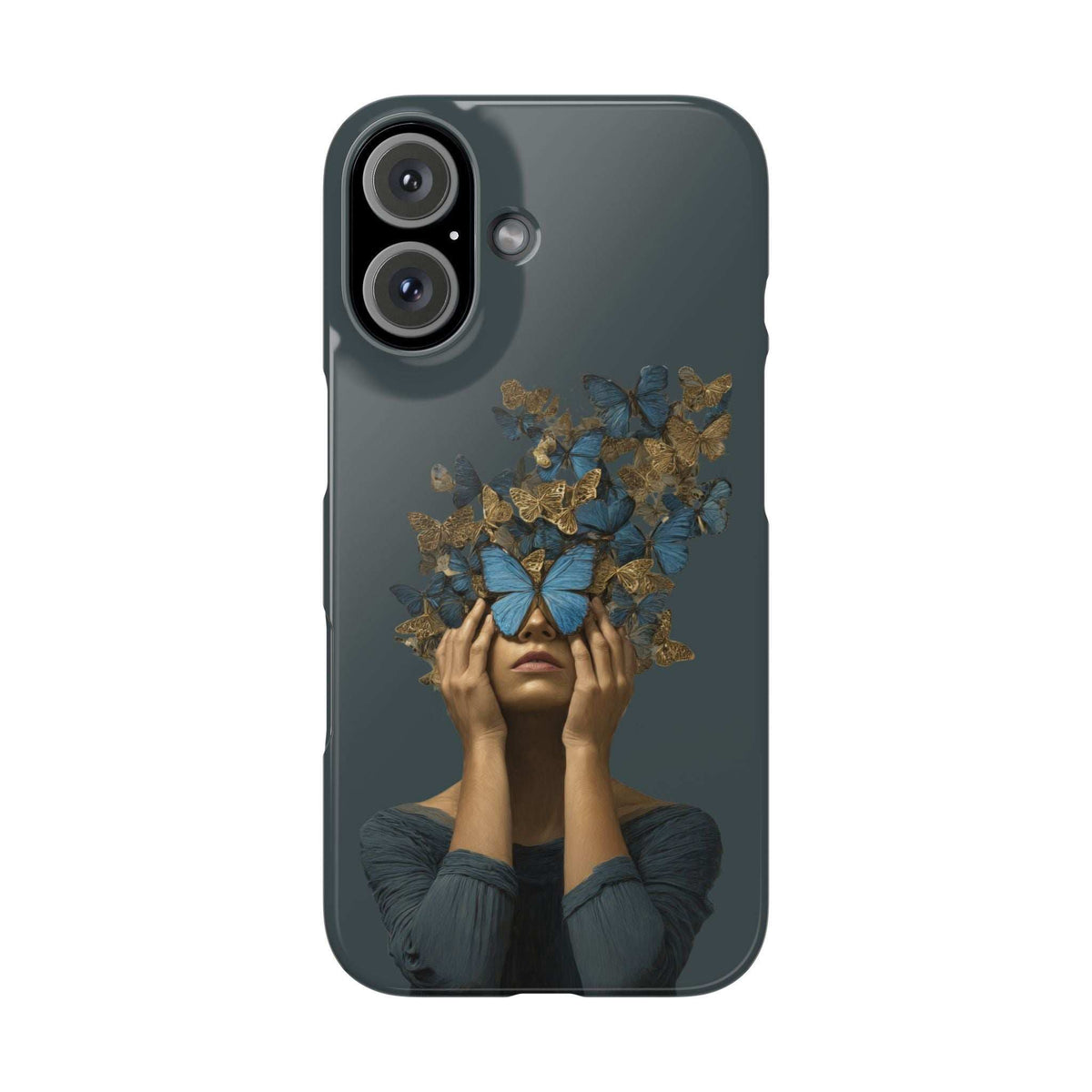 Dark blue phone case with gold butterfly crown and blue face graphic, front view.