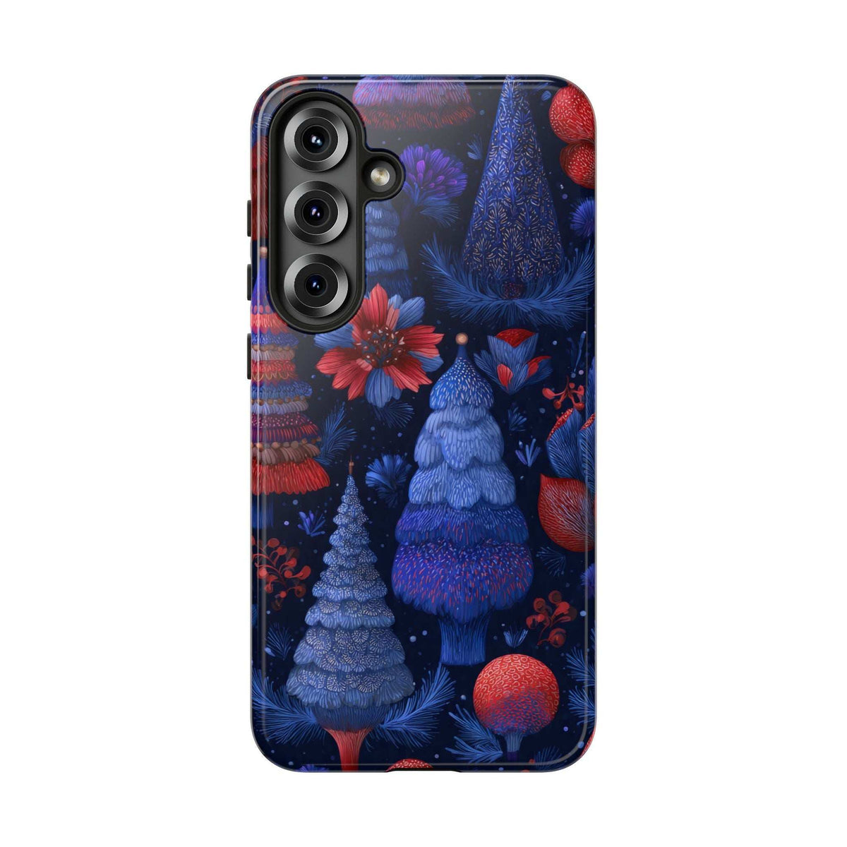 Glossy midnight blue Christmas forest phone case with pine trees, red ornaments and poinsettias.