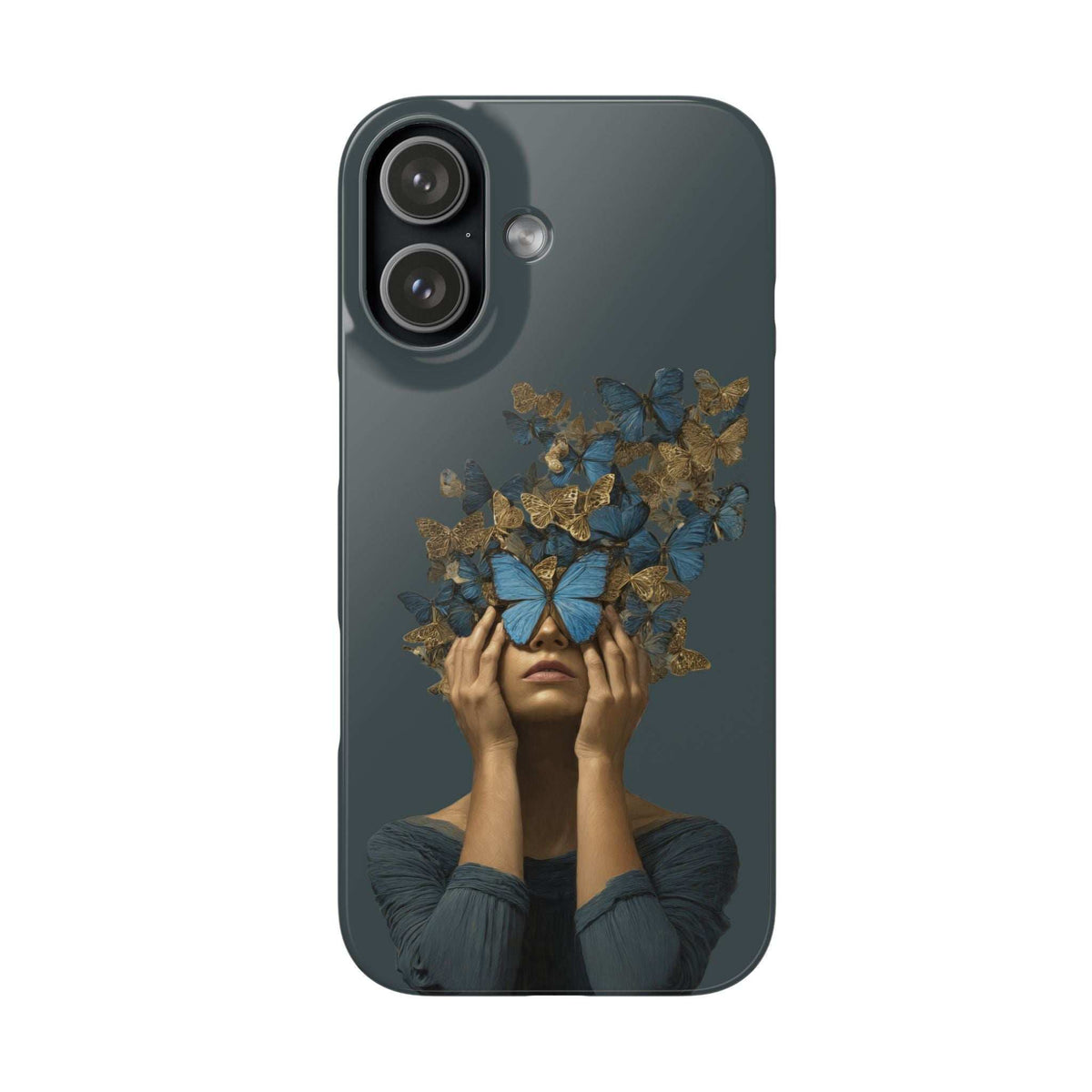 Phone case with dark blue graphic of a woman behind a butterfly crown; camera cutout