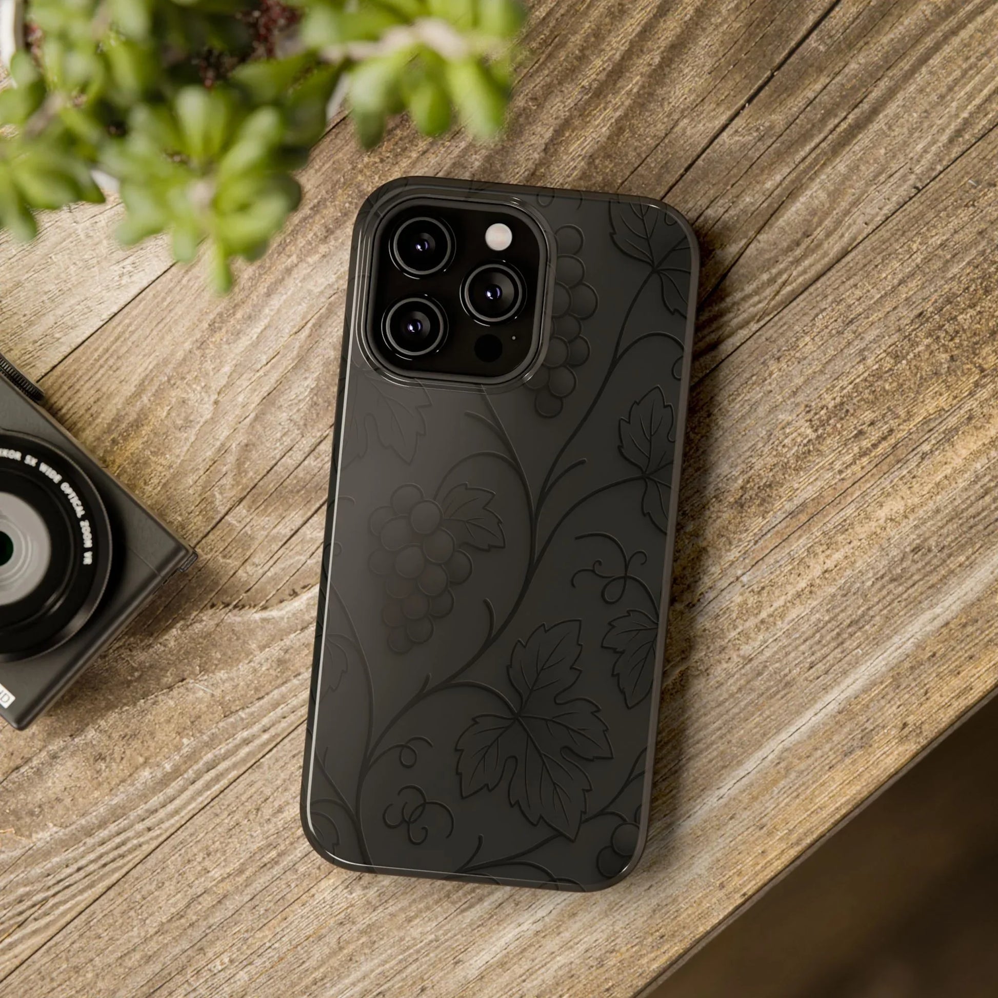 Elegant Embossed Grape Leaf Black Phone Case for iPhone and Galaxy - KARARMDESIGN