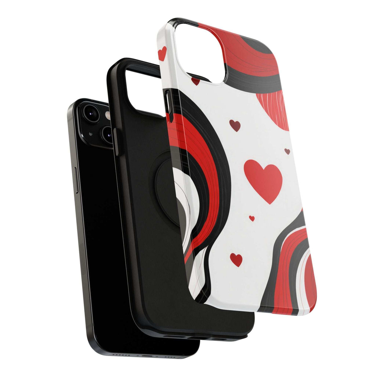 Glossy phone case with red heart motifs on white and black frame protection