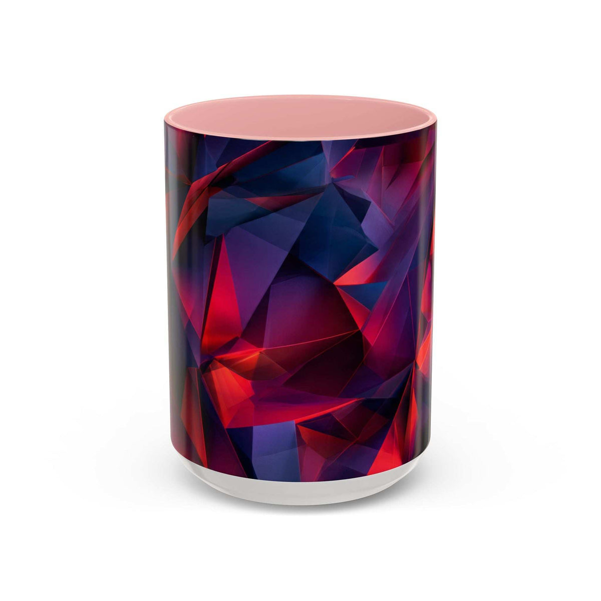 Ceramic mug with geometric red and navy abstract wrap; pink top and white base ring