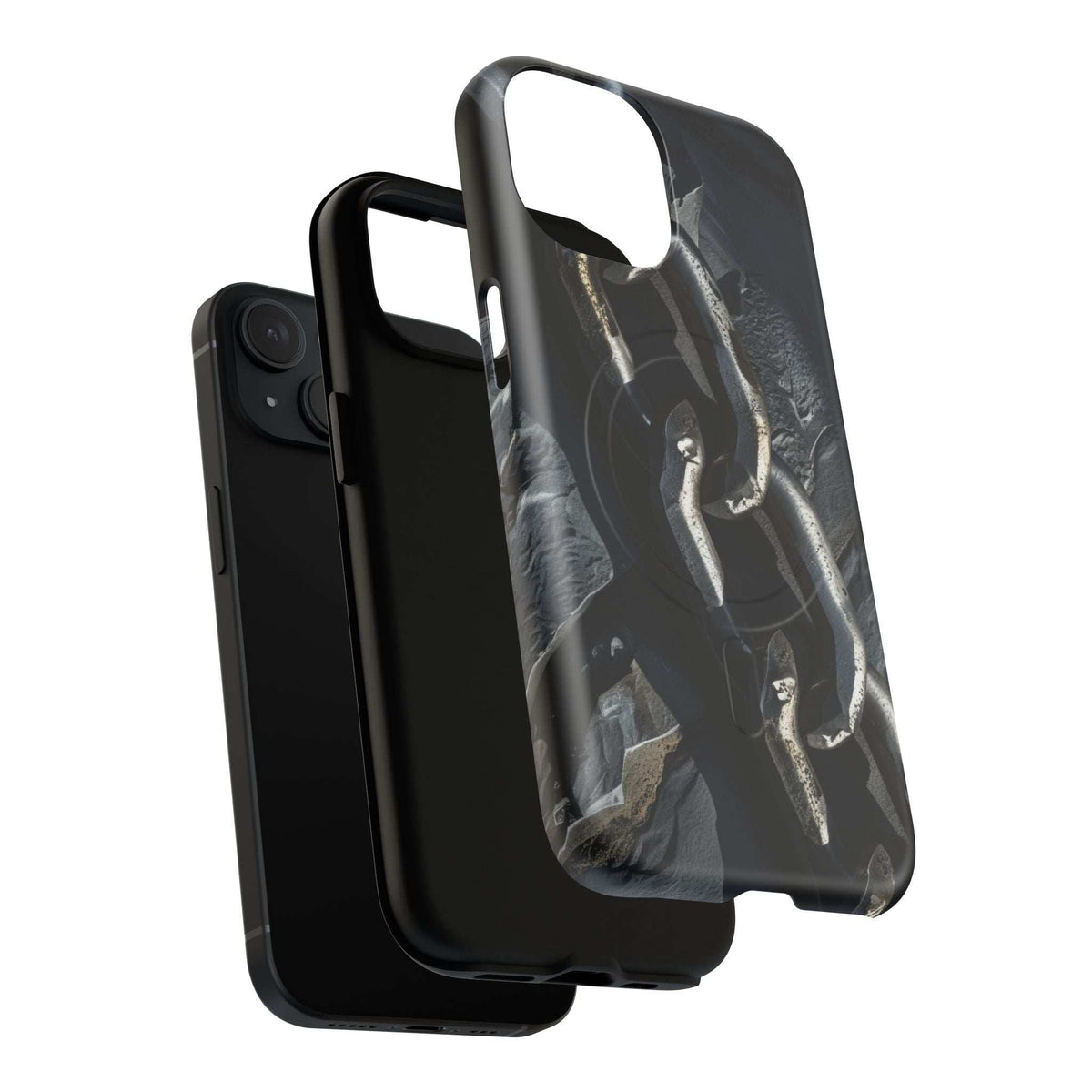 Magnetic phone case with iron chain graphic, dark finish, protective corner bumpers