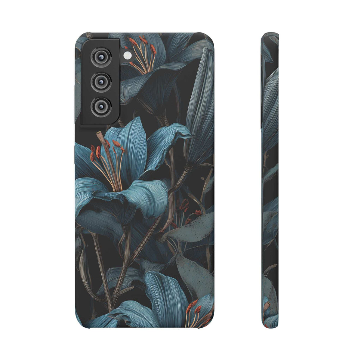 Floral phone case with layered botanical print in teal and navy, shown in side profile