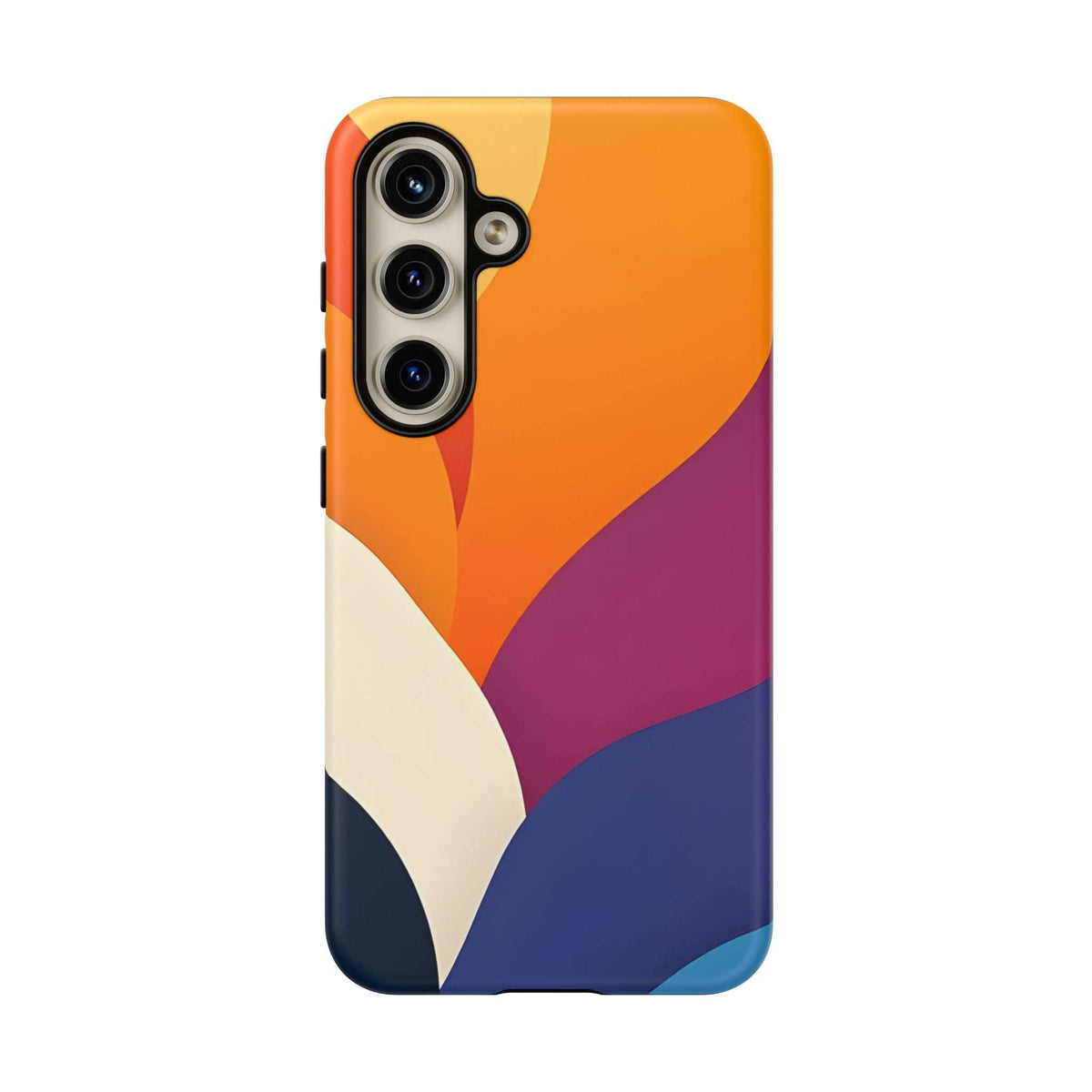Phone case with abstract orange, magenta, navy and white pattern; vertical camera module cutout