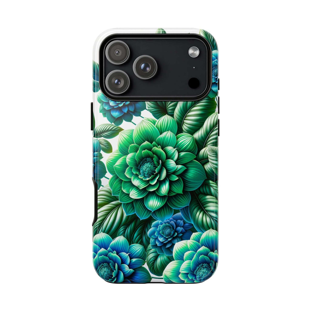Floral phone case with green and blue flower pattern, multi-lens camera opening