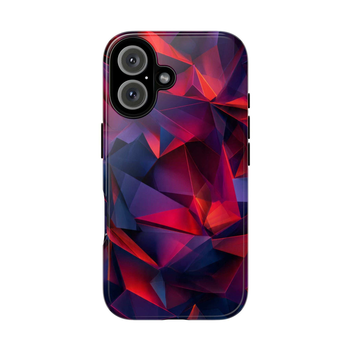 Glossy phone case with red and blue angular prism pattern and triple camera cutout