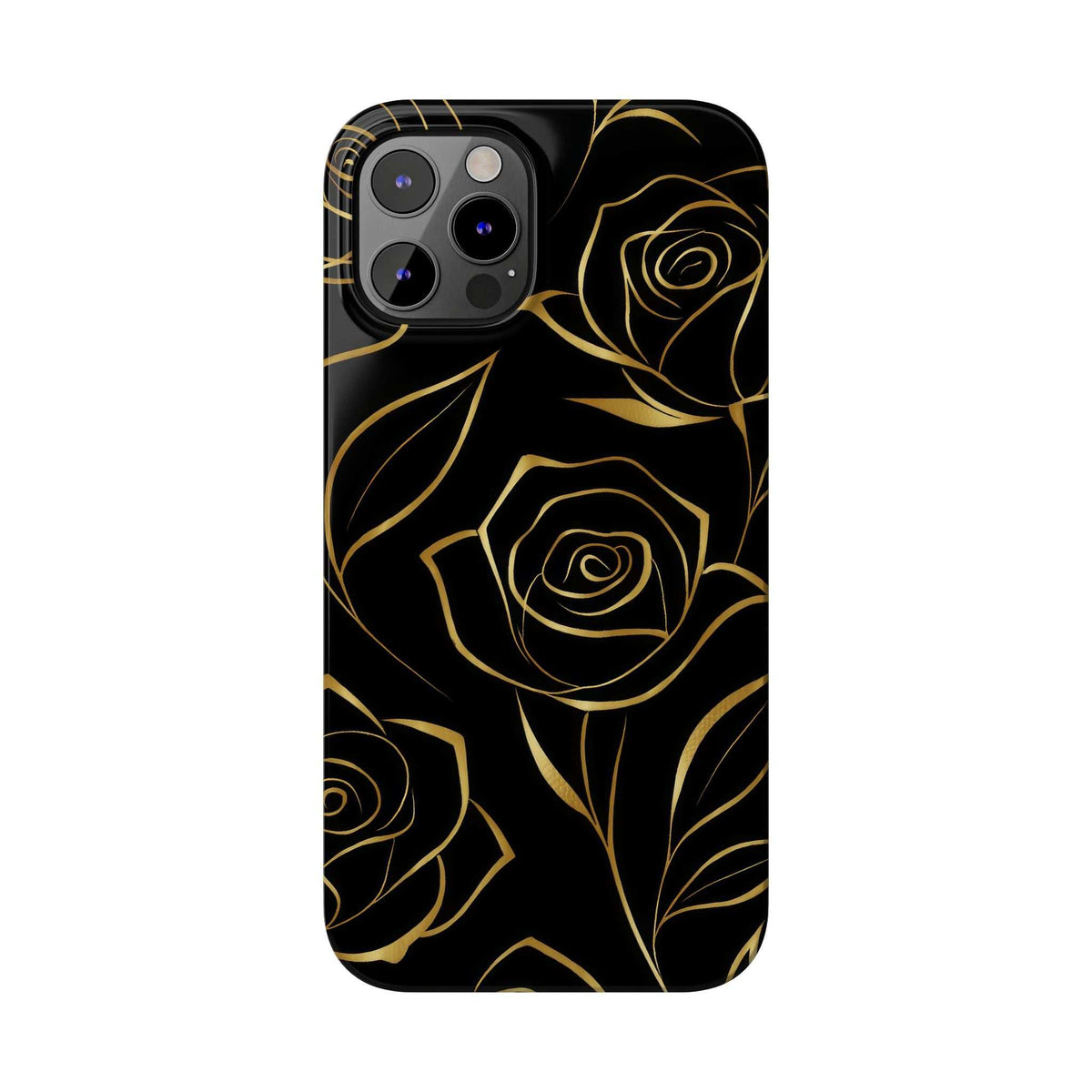Black iPhone phone case with gold rose line pattern and cutouts for camera and flash