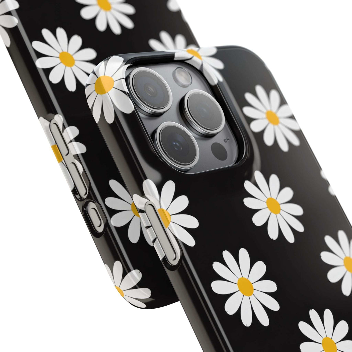 Daisy charm phone case, black with white daisies and yellow centers, raised camera area.