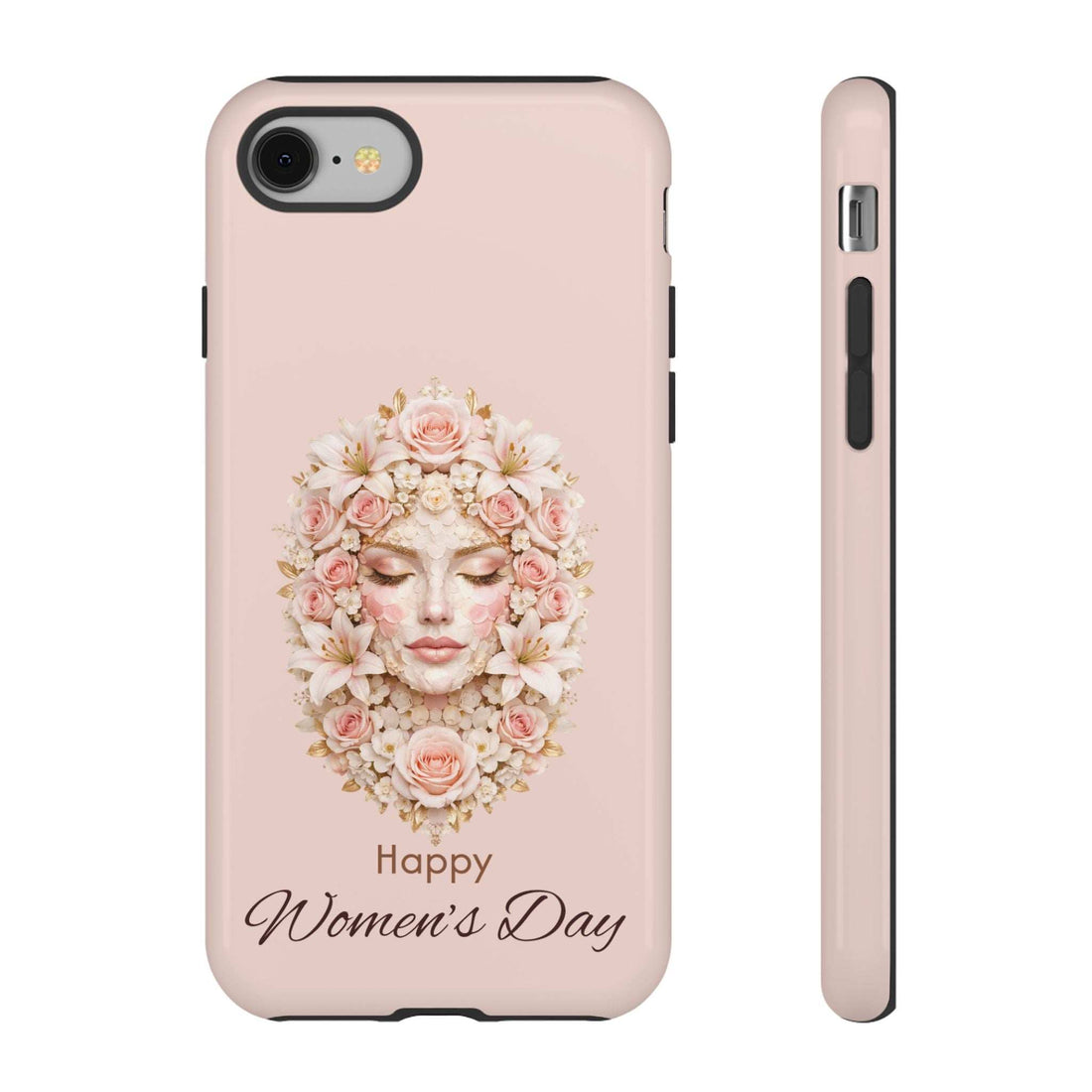 Pink iPhone phone case showing back camera cutout, floral woman face, and 'Happy Women's Day' text.