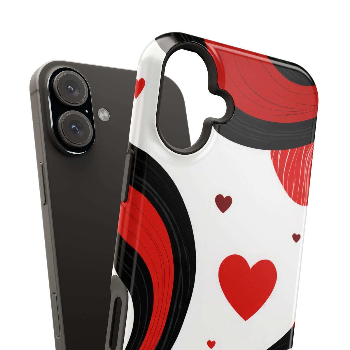 Phone case front and back view with red hearts on white and black wave accents; camera cutout