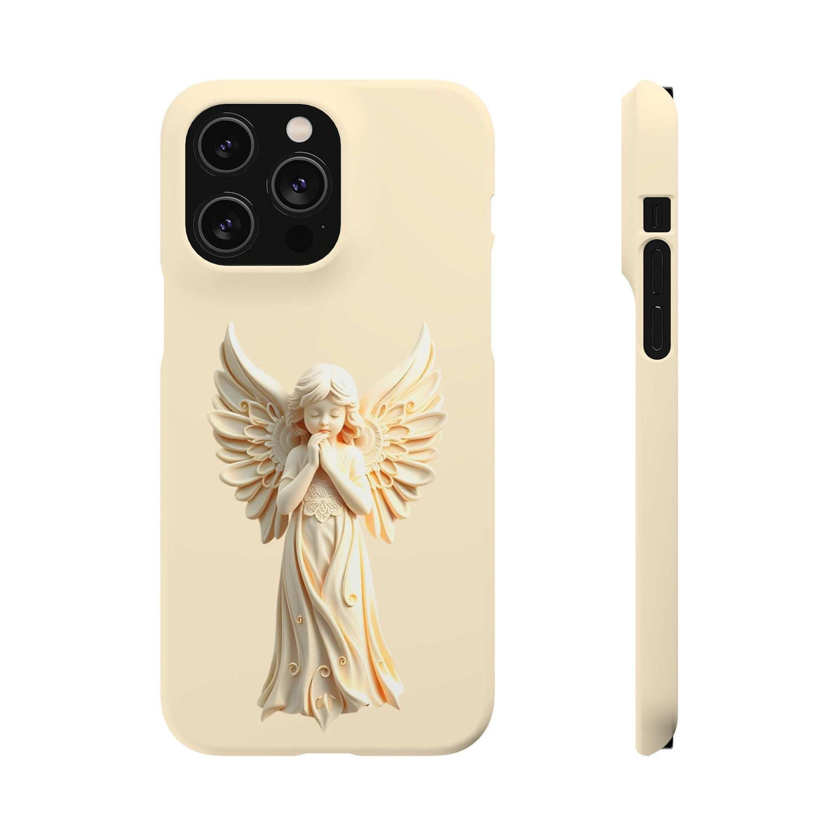 Beige phone case featuring a 3D angel with wings, rear camera module and side edge