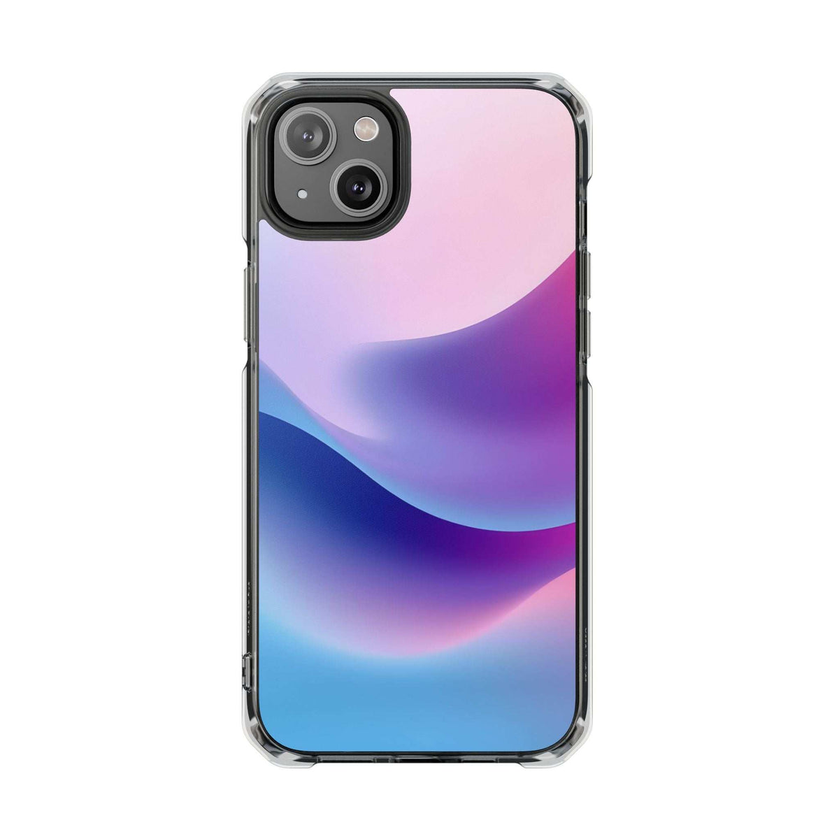 Pastel wave phone case with clear frame and triple-camera cutout; lilac, purple, and blue waves