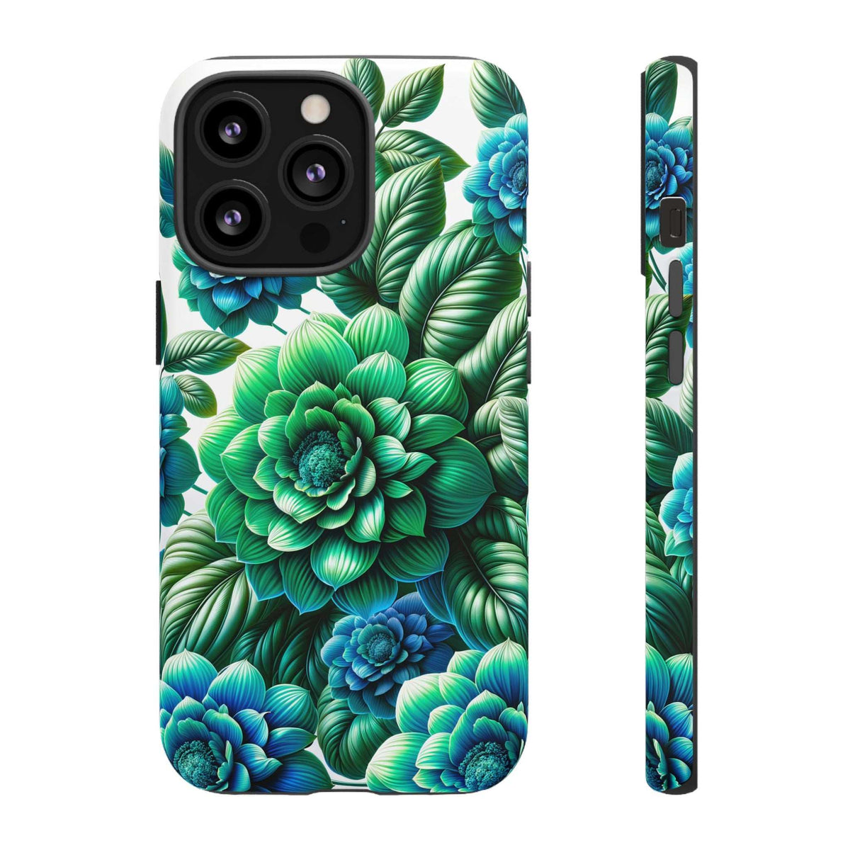 Phone case with green and blue floral pattern, black camera cutouts on back.