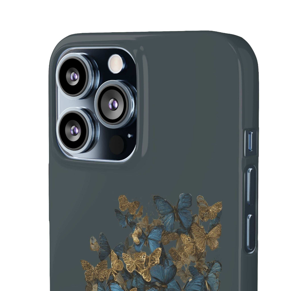 Dark gray phone case showing camera lenses and side button openings with butterfly design