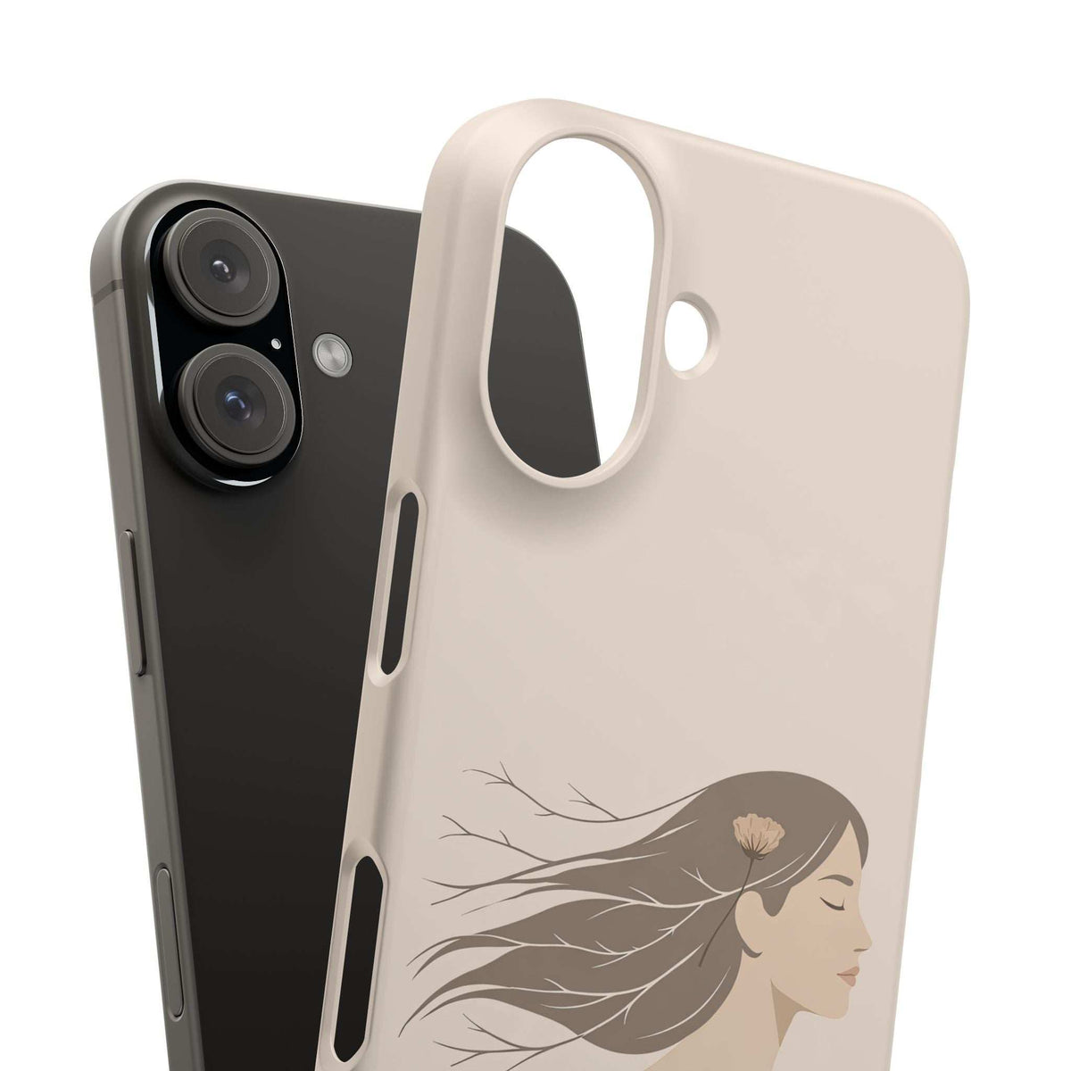 Light cream phone case with oval camera opening and flower-haired lady silhouette