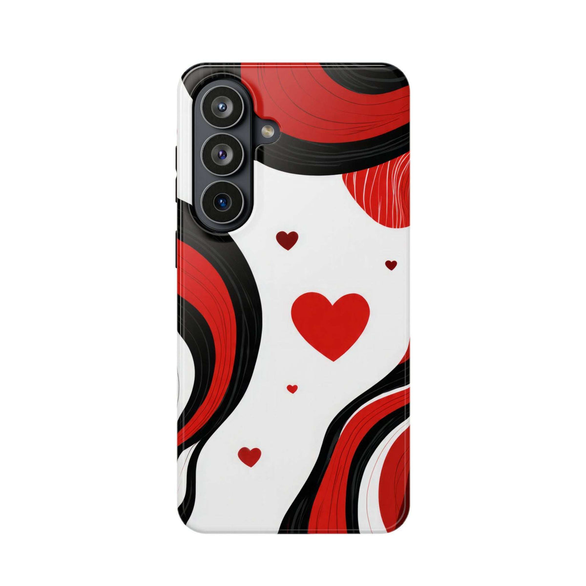 Glossy phone case featuring red hearts and flowing red-black lines on white