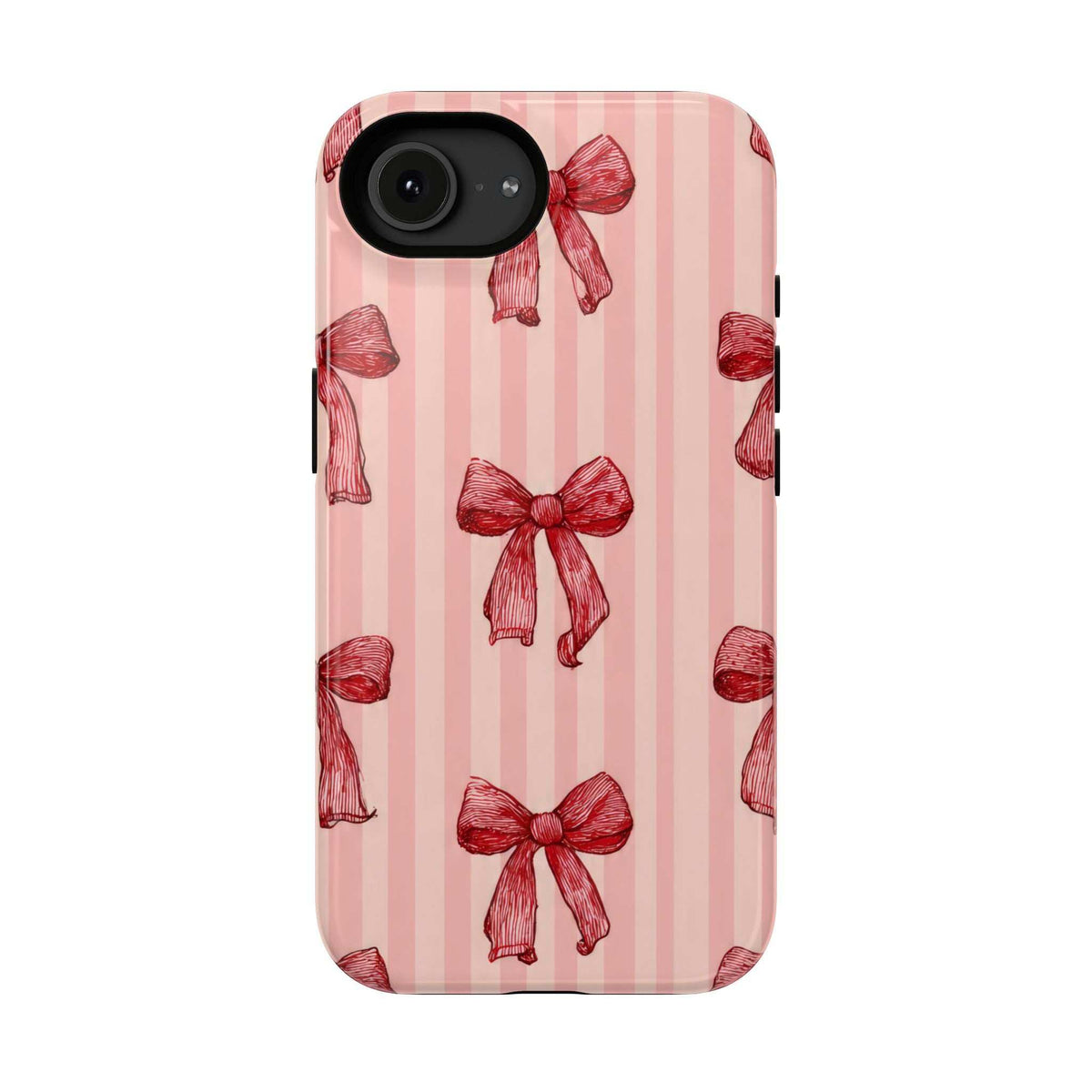 Pink phone case with red bow stripe print; single camera lens area and side openings