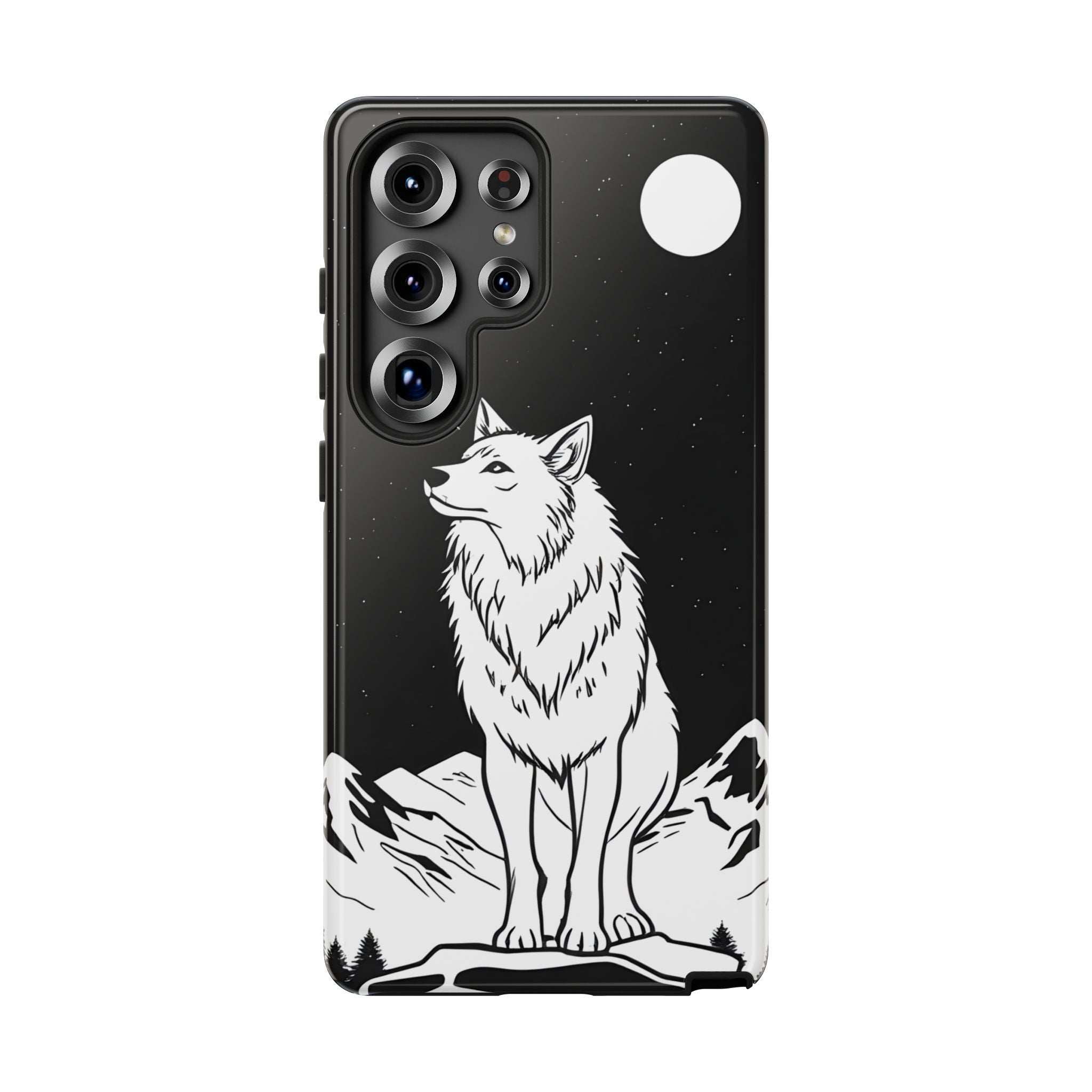 Black wolf phone case with four-camera cutouts and protective raised bezel