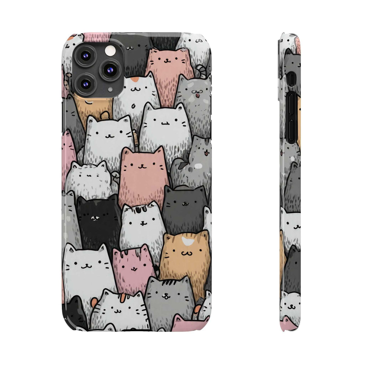 Cat carnival phone case front and side view, featuring mixed cat faces in gray, pink, and tan.