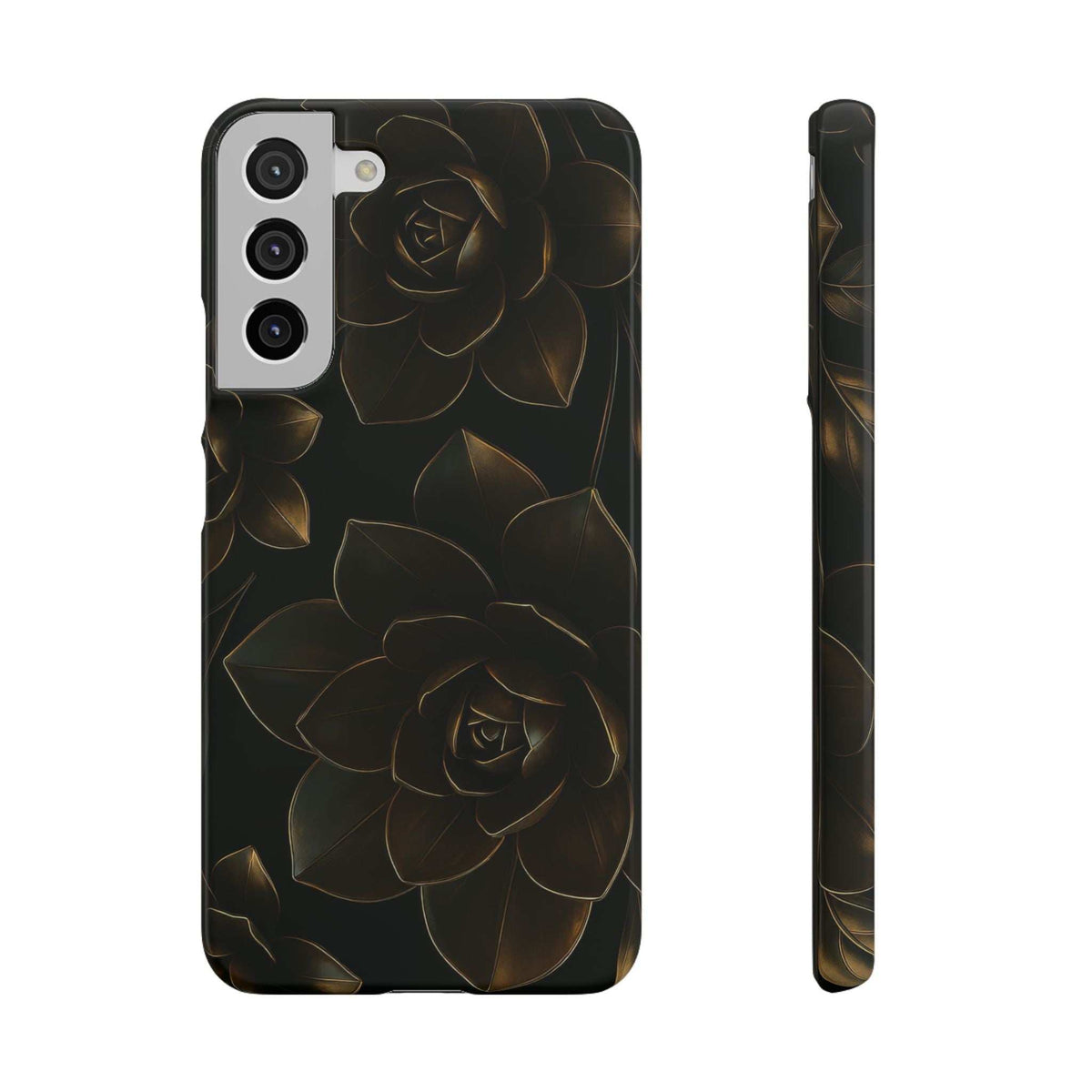 Black glossy phone case with gold floral rose artwork; visible camera and flash cutouts