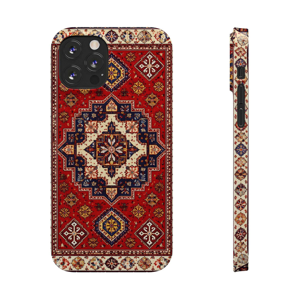 Red ornamental patterned phone case with camera cutouts and side profile strip.