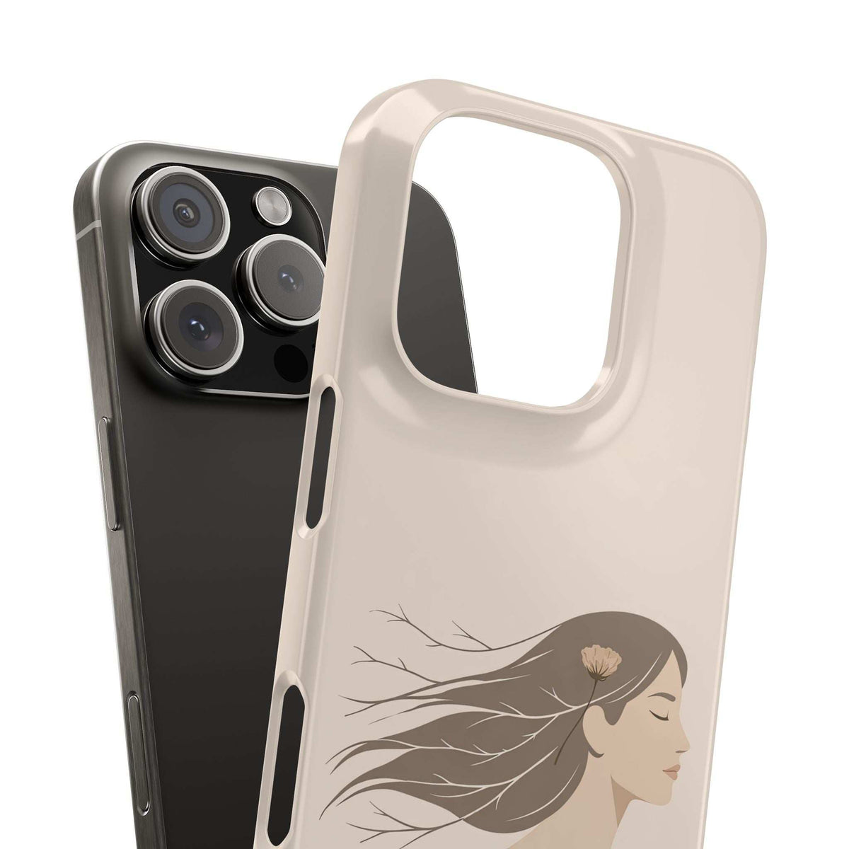 Cream and dark phone case pair, cream case with floral woman line art and camera opening