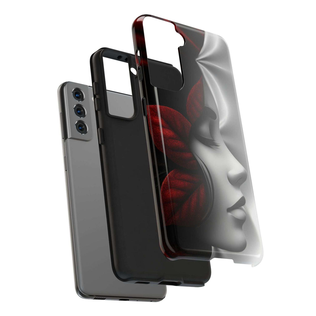 Clear and black phone case with face graphic, camera and port cutouts