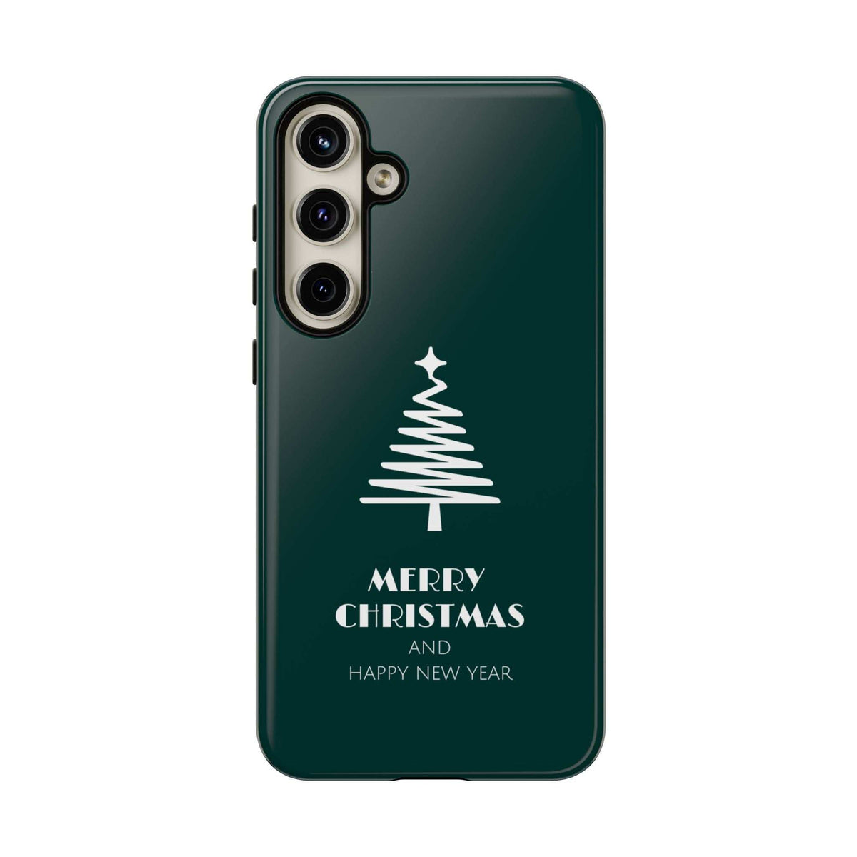 Dark green glossy phone case front with Christmas tree and 'Merry Christmas' and 'Happy New Year'