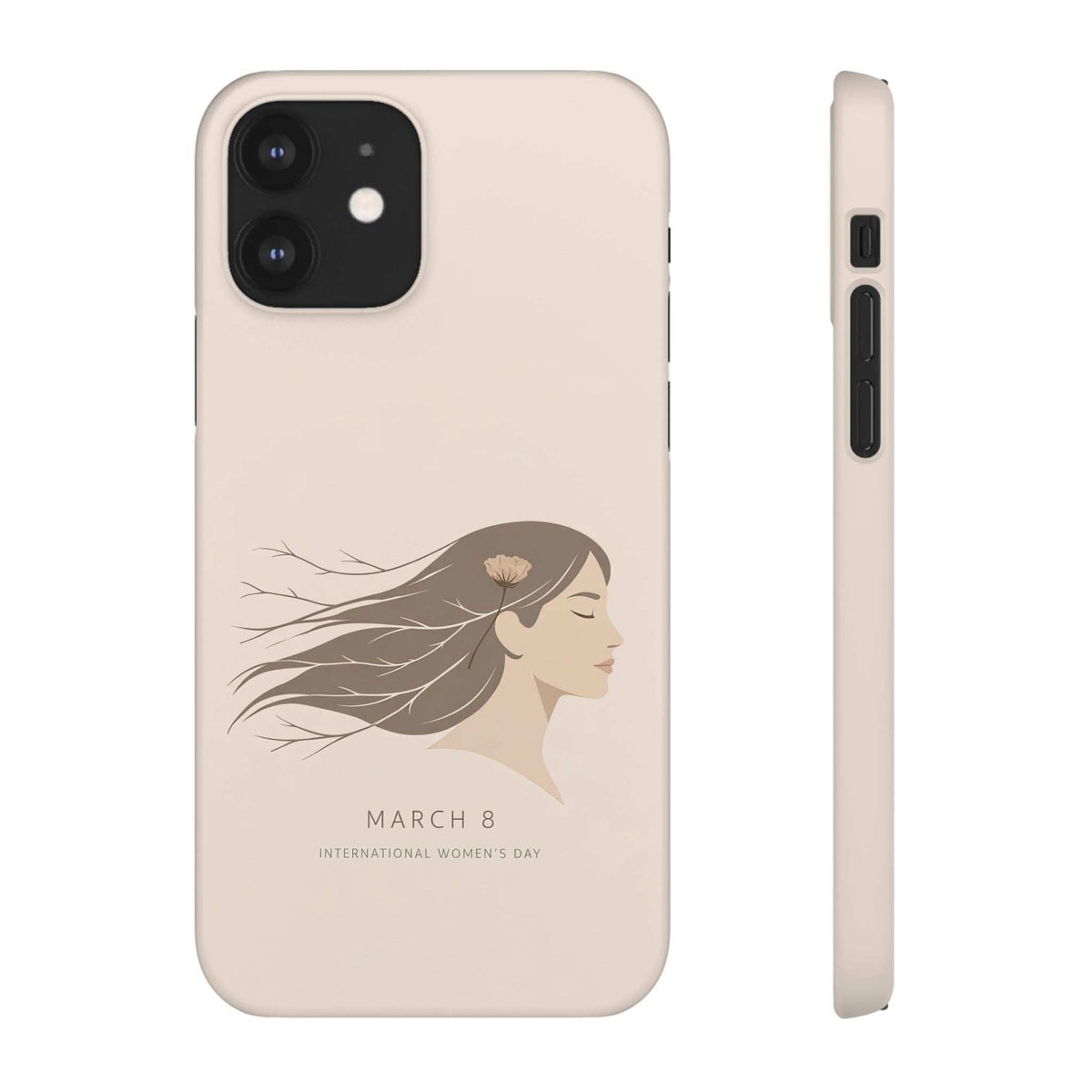Beige phone case with woman profile and flower illustration, plus side buttons cutout