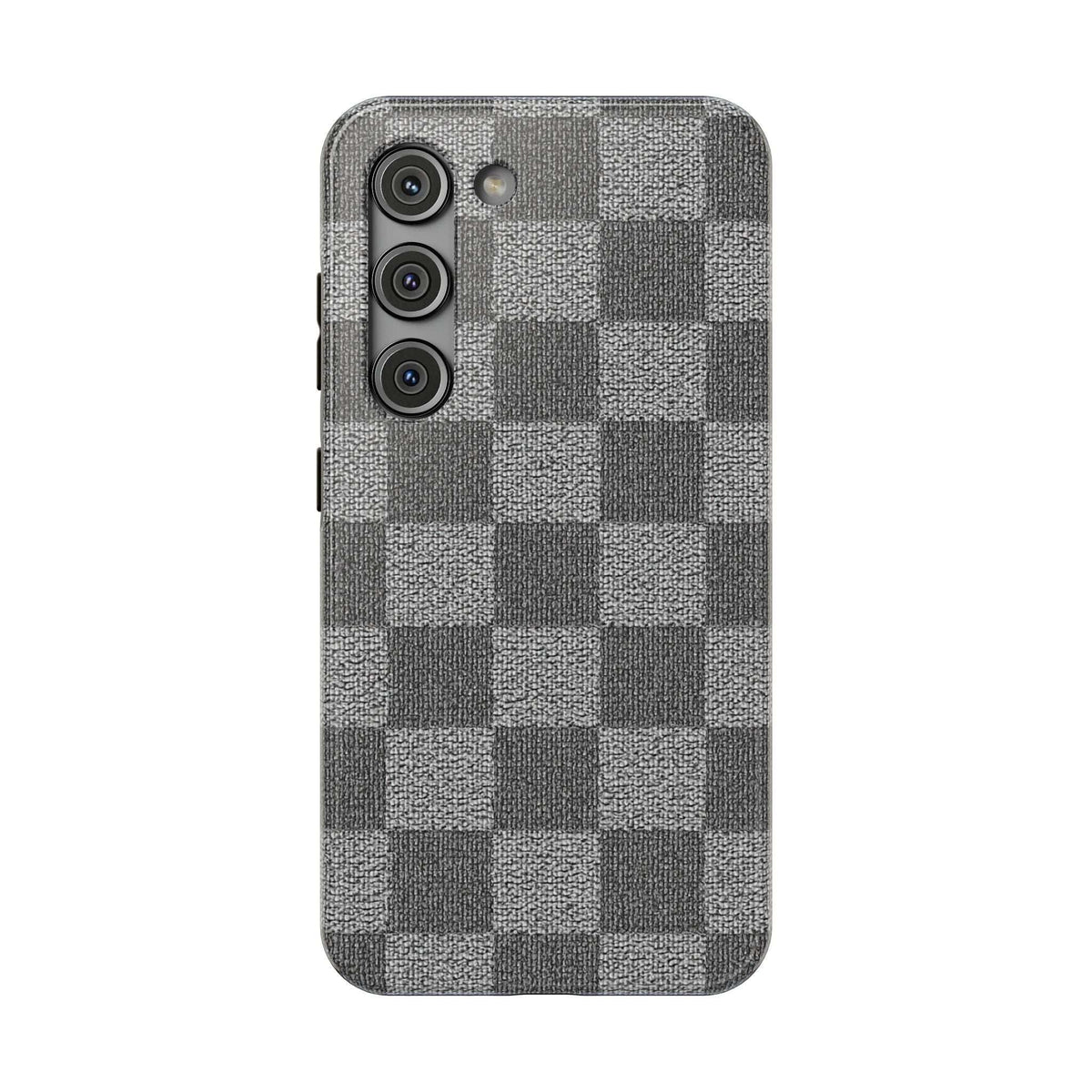Gray checkered phone case with textured fabric and triple camera openings on rear.