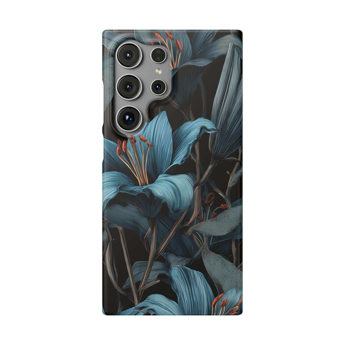 Phone case with blue botanical floral pattern, four camera cutouts, dark outline borders