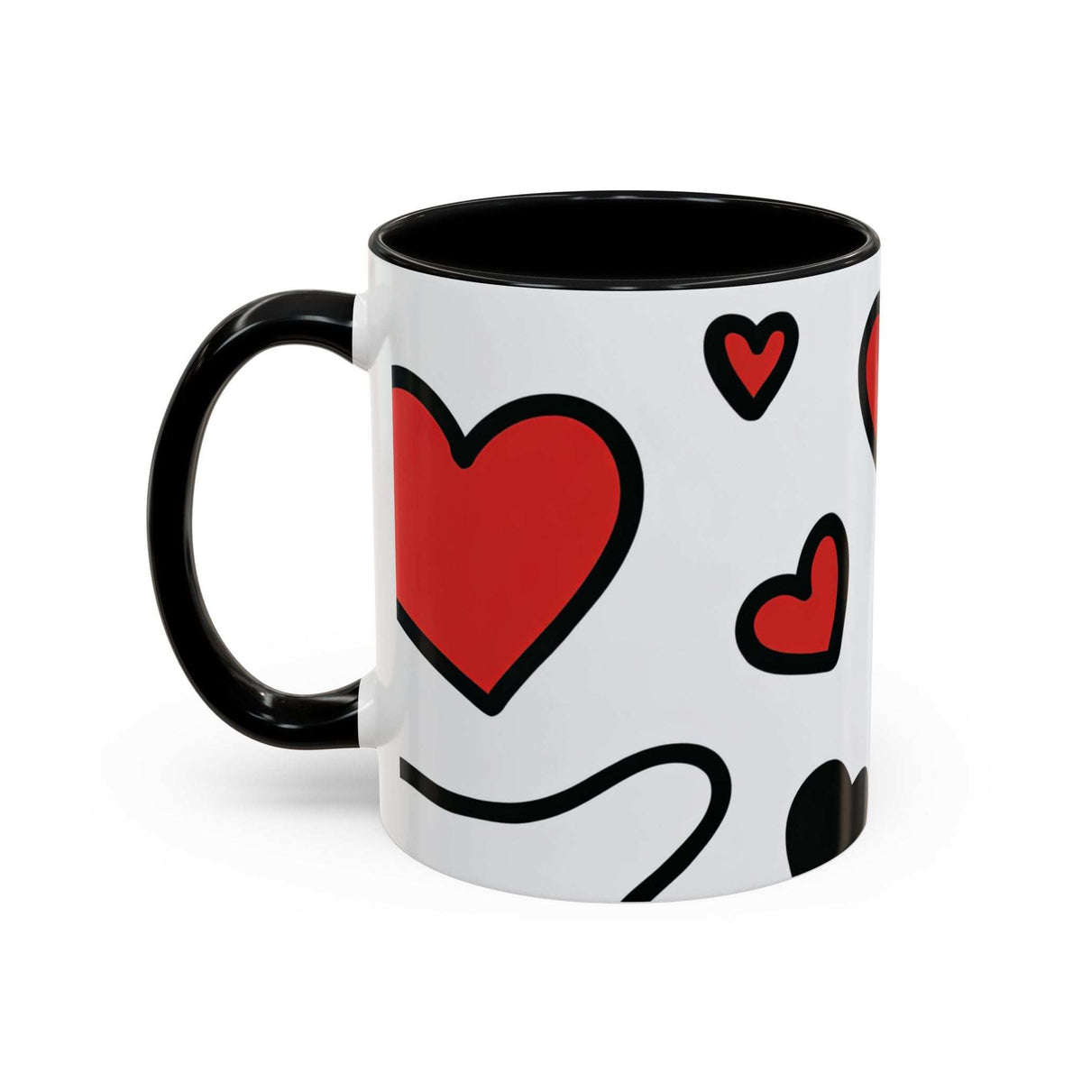 Accent coffee mug with black interior, white body with red and black heart prints and handle