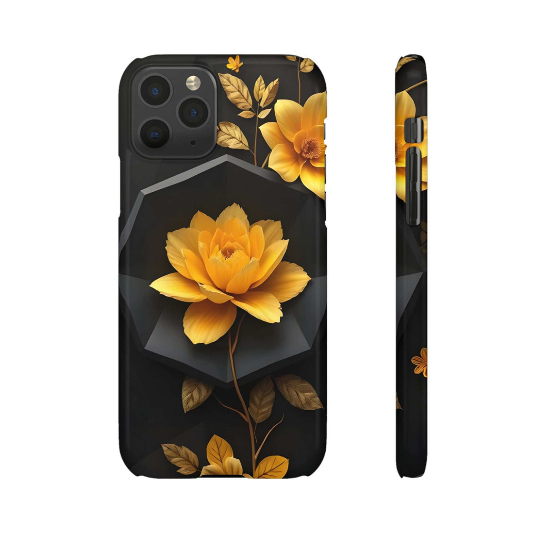 Black phone case with yellow flower and leaf pattern, cutouts for camera and flash