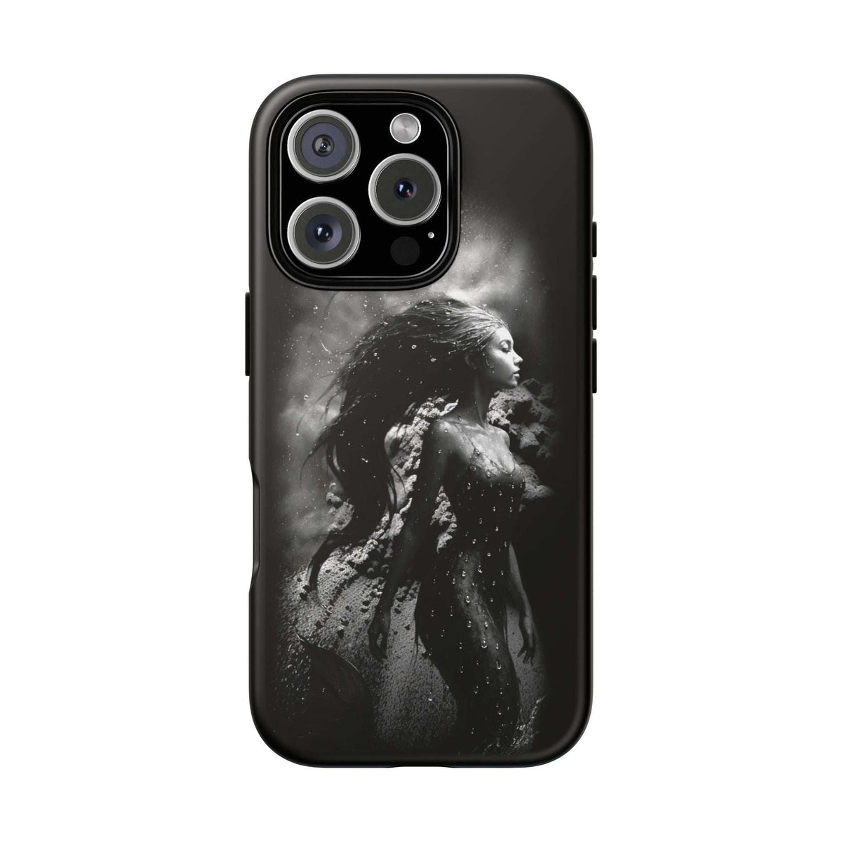 Monochrome mermaid phone case, black, close-up of triple camera cutouts with side buttons