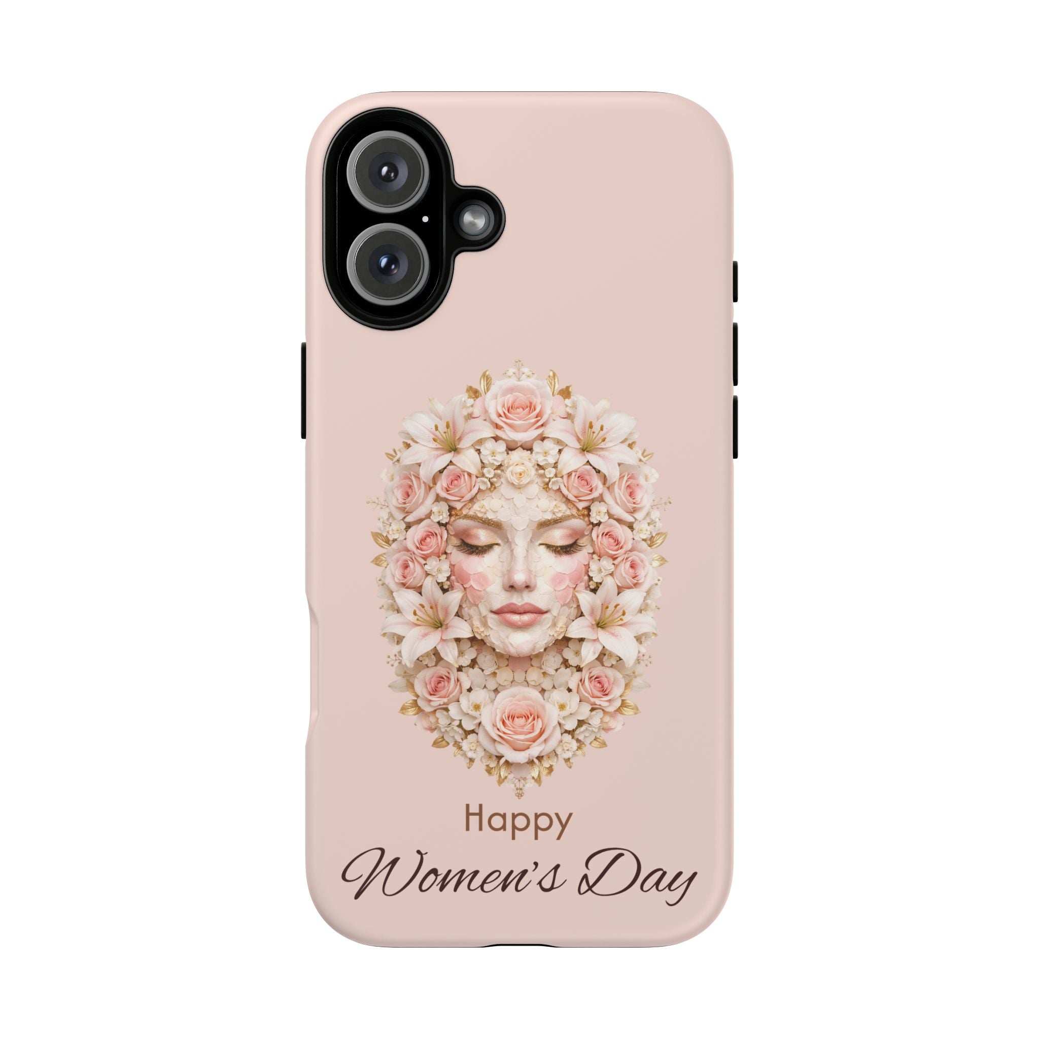 Light pink phone case with floral woman portrait and 'Happy Women’s Day' lettering