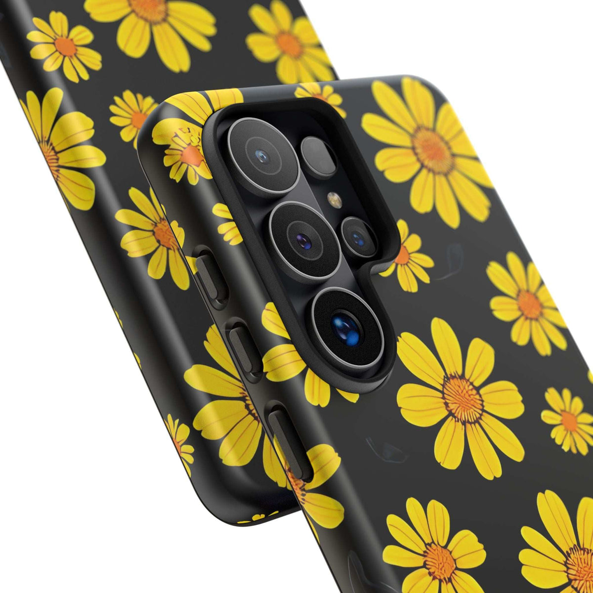 Black phone case with yellow daisy floral print and lens-protection camera bump