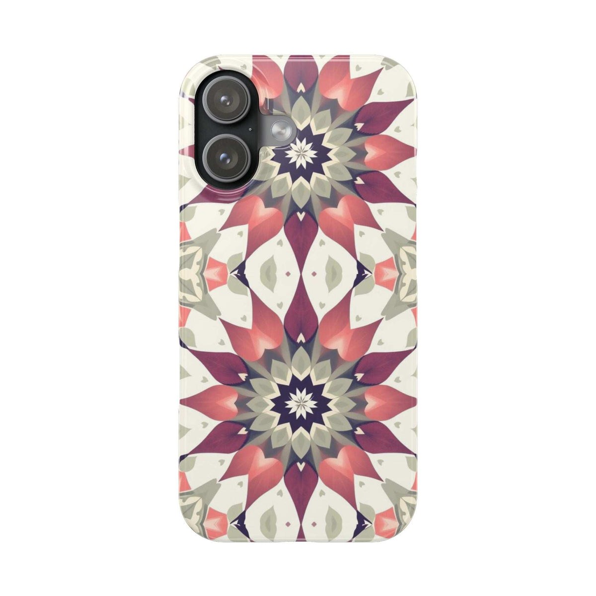 Phone case with burgundy, navy, and cream mandala floral print, rounded corners and camera cutouts.
