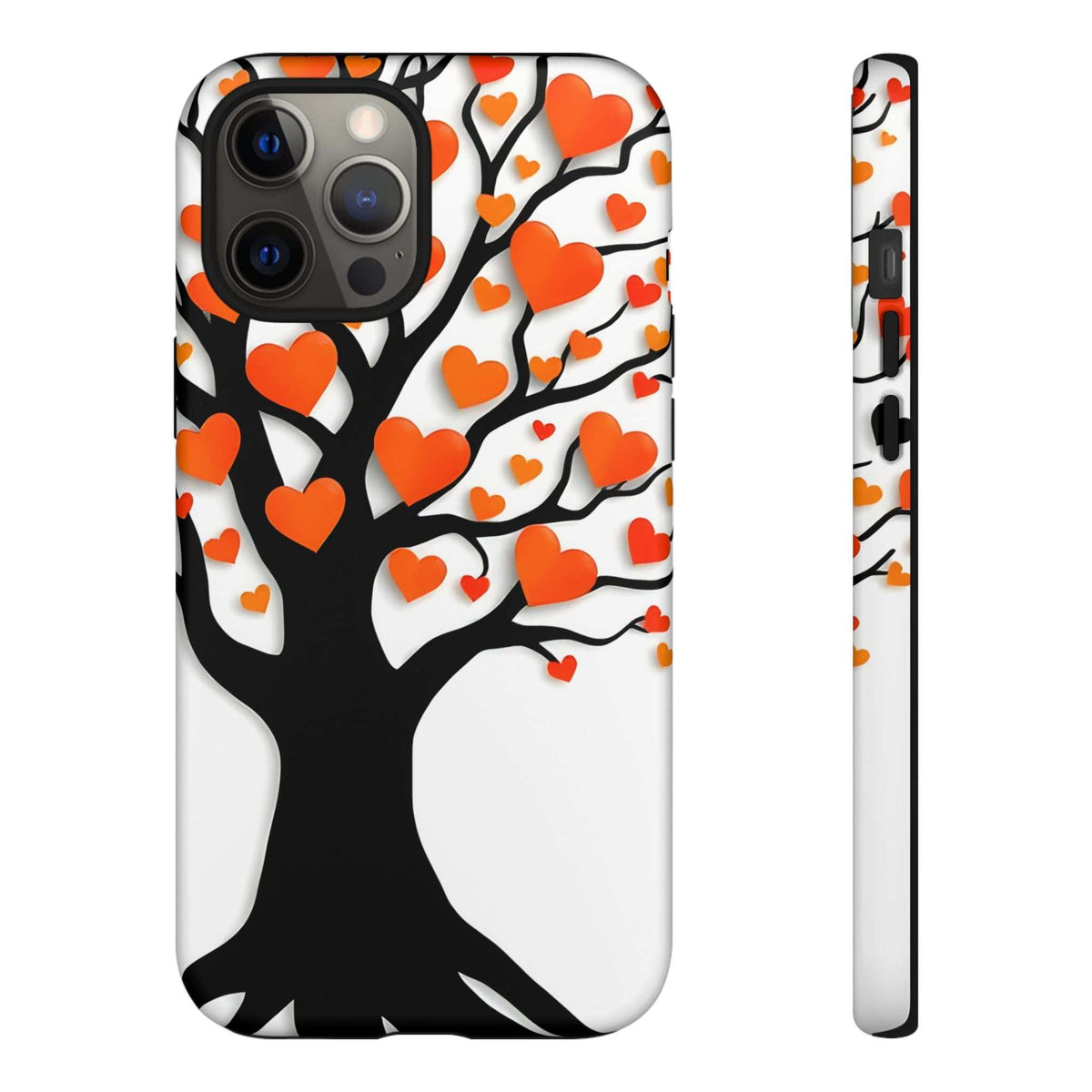 Heart tree phone case with orange hearts, side view showing button cutouts