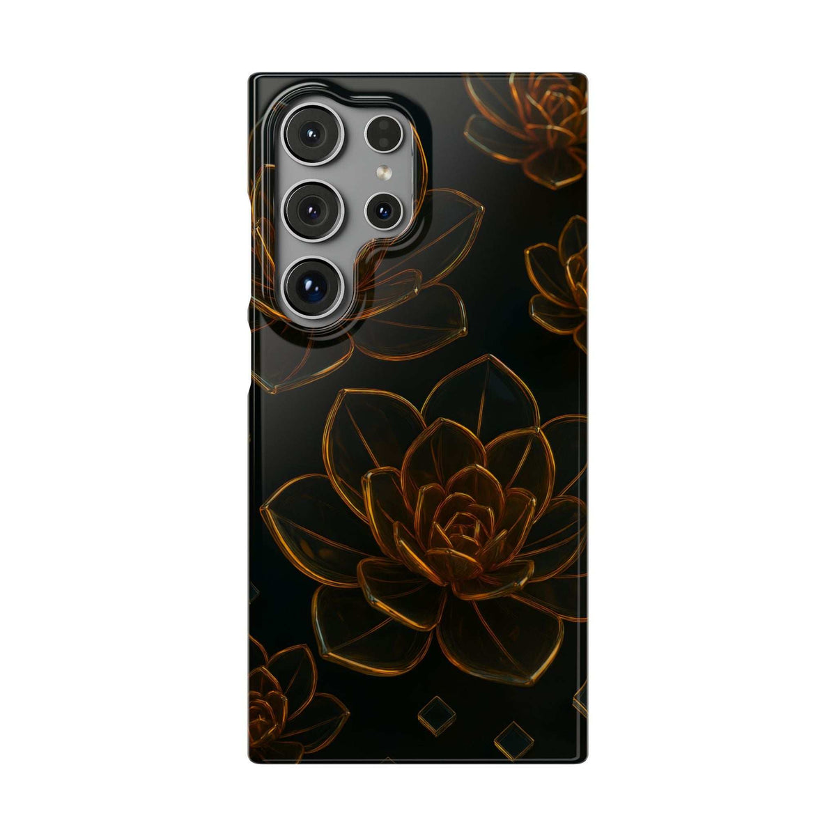 Glossy black glass phone case with gold-brown floral pattern and quad camera cutout
