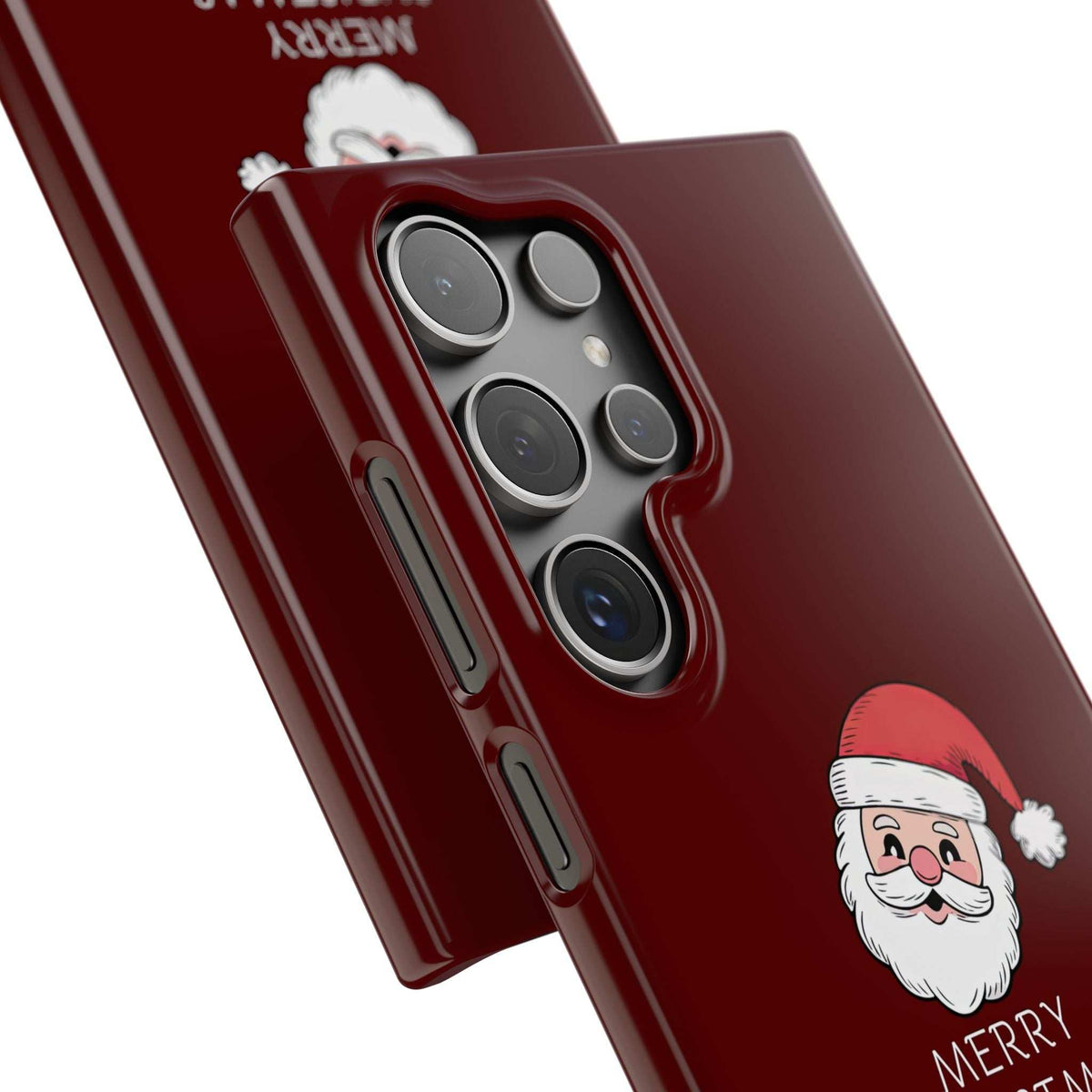 Close-up angle of maroon glossy phone case showing camera opening and Santa design